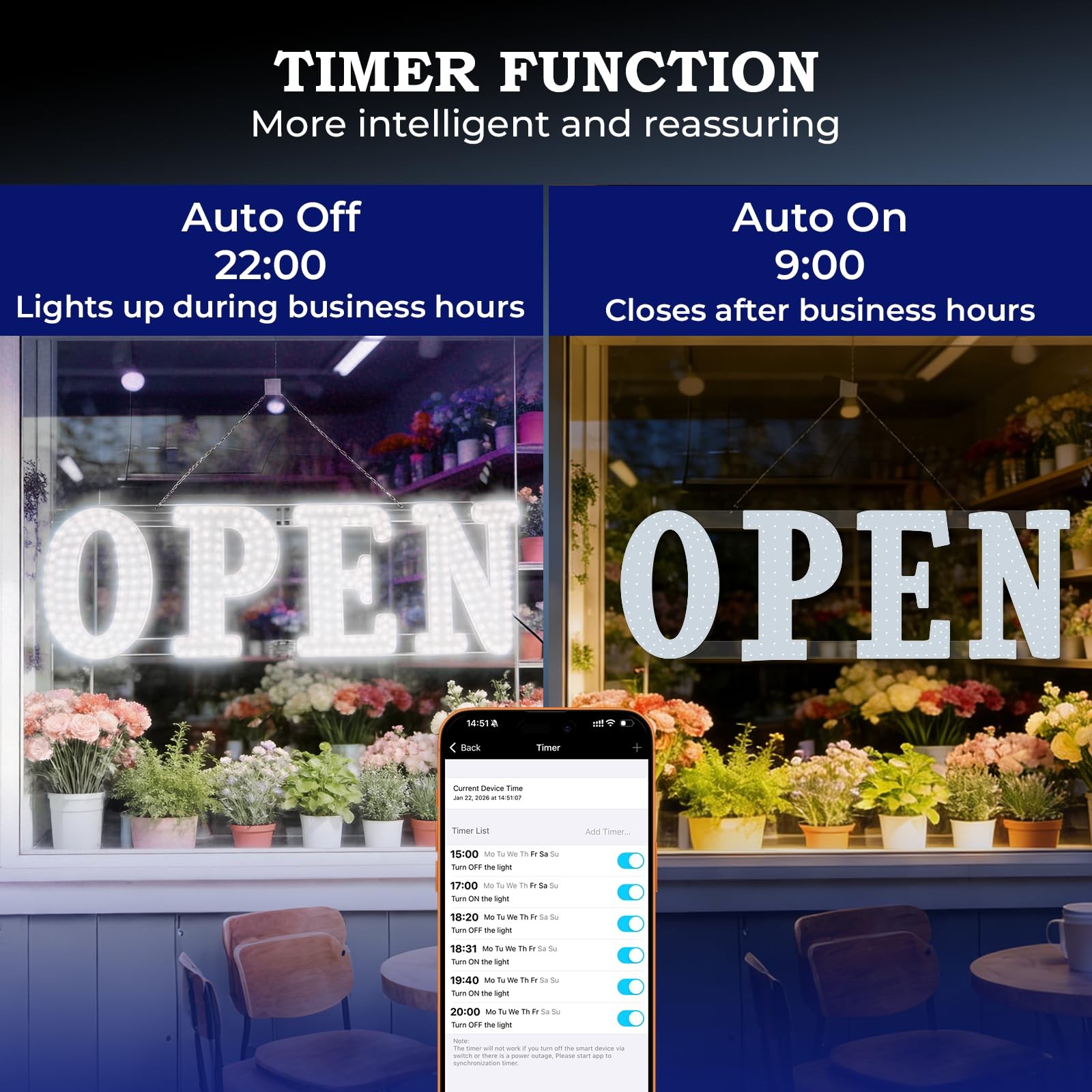 Open Sign for Business 30″X10″ with Timer and Remote Control, 10 Flashing Modes