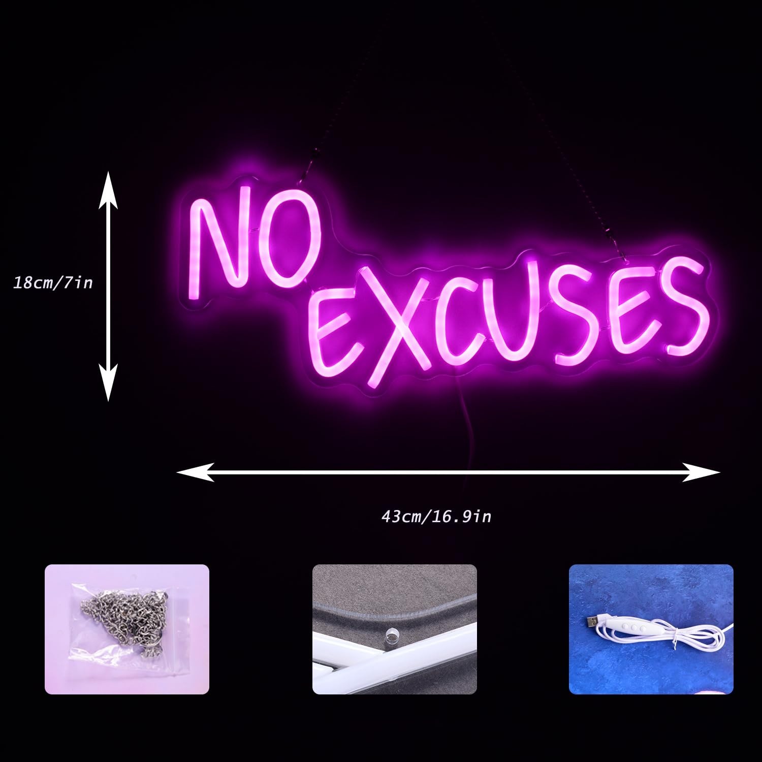 No Excuses Neon Sign Pink Inspirational LED Light Motivational Dimmable Wall …