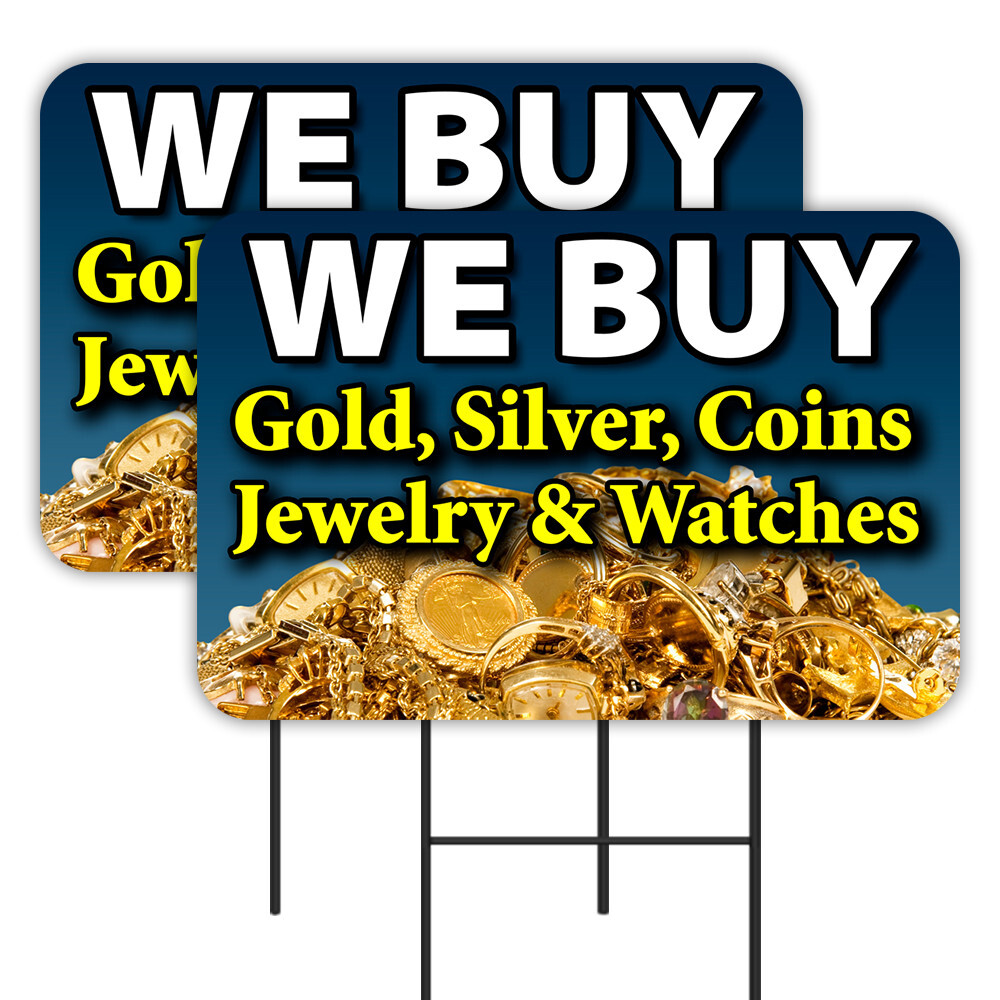 We Buy Gold Silver Jewelry 2 Pack Double-Sided Yard Signs 16″ x 24″ with Metal S