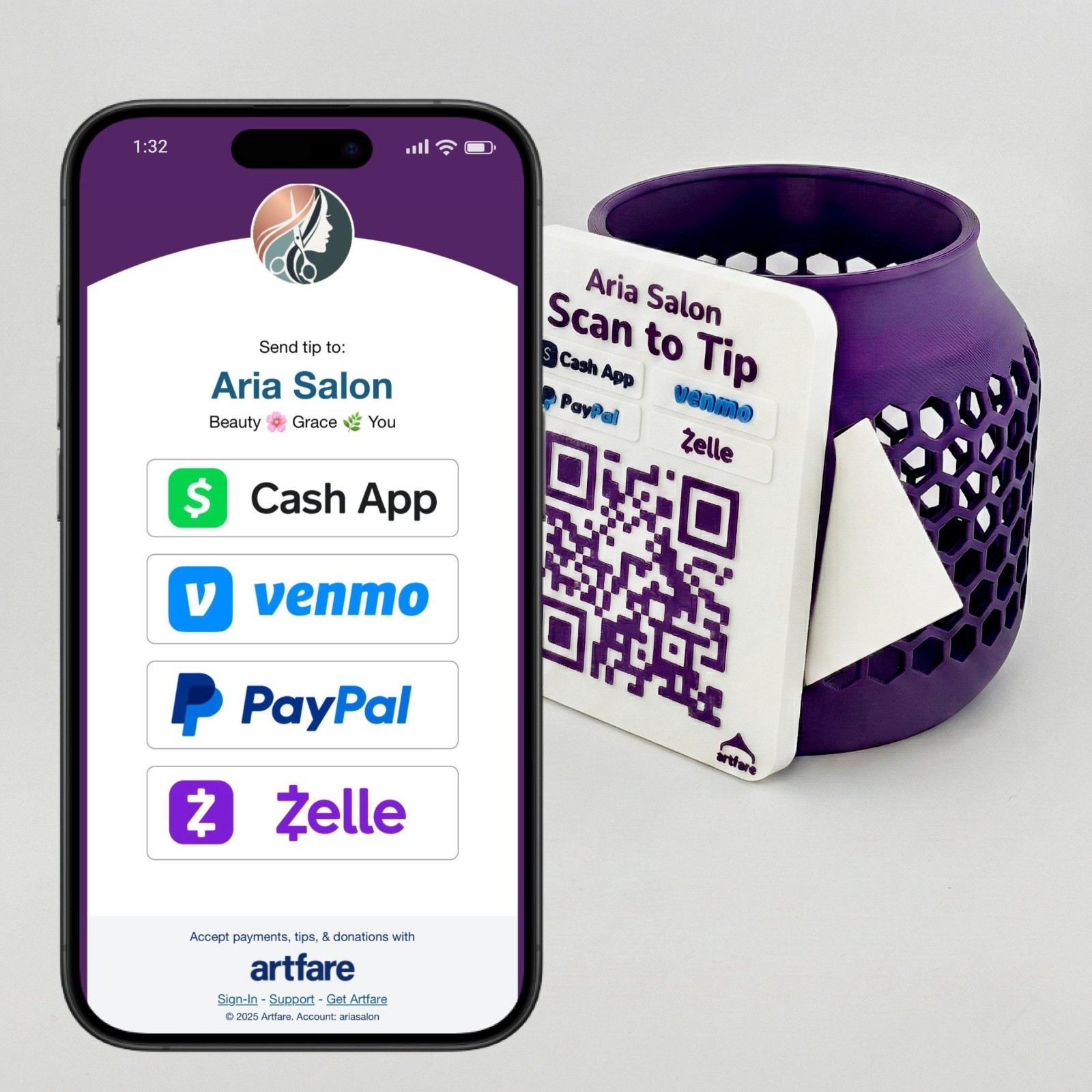 Compact Tip Jar – Cash & Digital Tipping with Business Card Holder -Artfare Mini