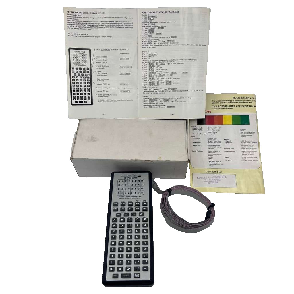 Color Cells CC100 Keypad for CC784 LED Sign w/ Cable Box Manual