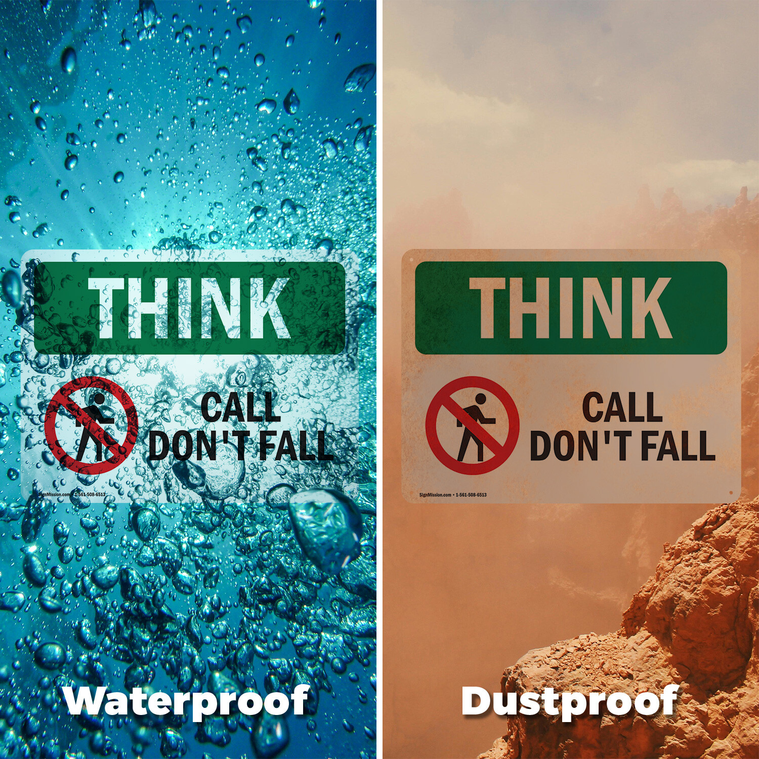(2 Pack) Call Don’t Fall With Symbol OSHA Think Sign Decal Metal Plastic