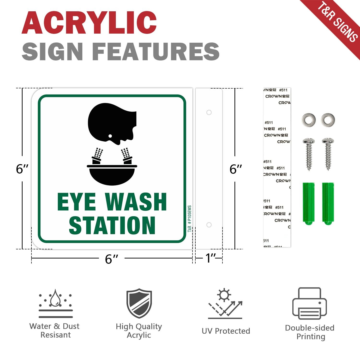 Eye Wash Station Sign – 2 Pack – 6 x 6 Inches Acrylic, 2 pre-drilled holes, I…