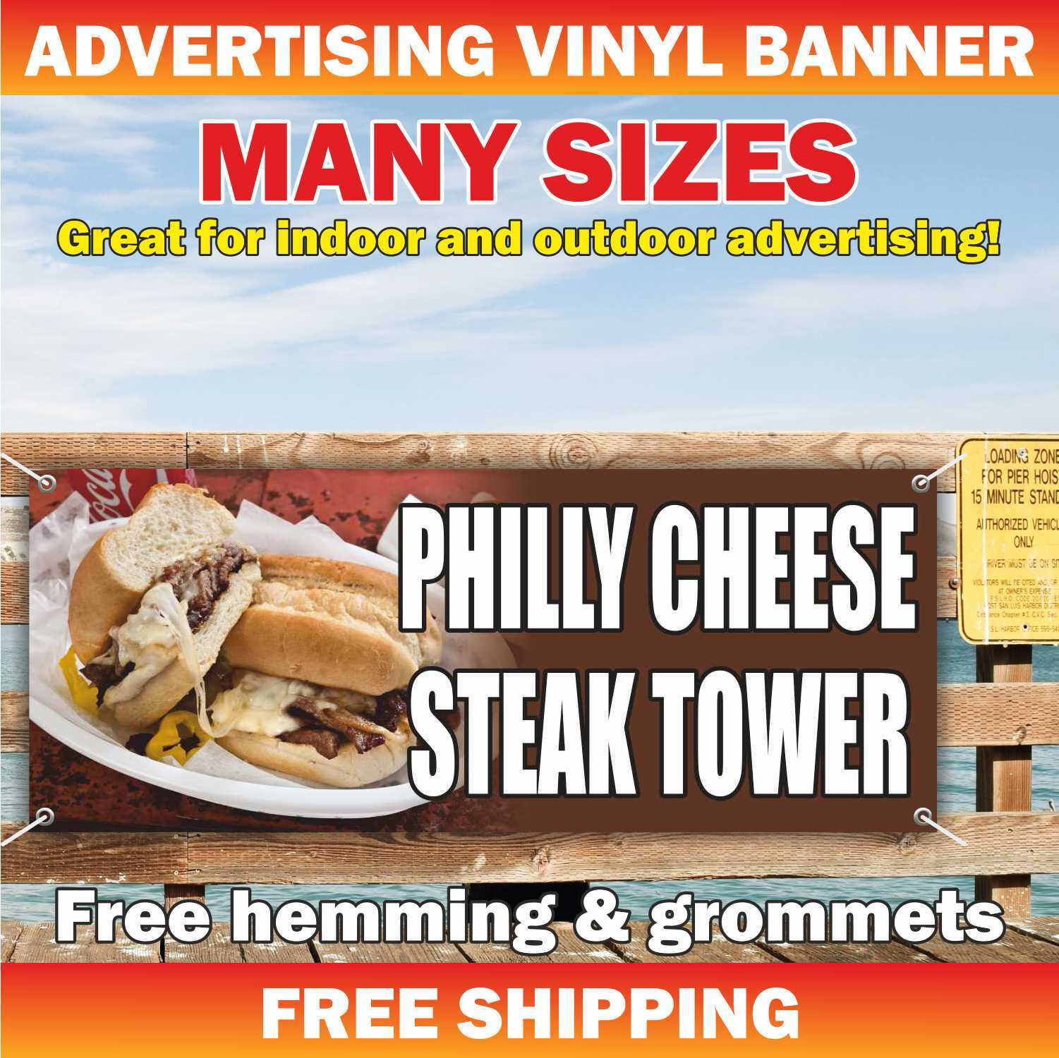 PHILLY CHEESE STEAK TOWER Advertising Banner Vinyl Mesh Sign Sandwiches Food Bar