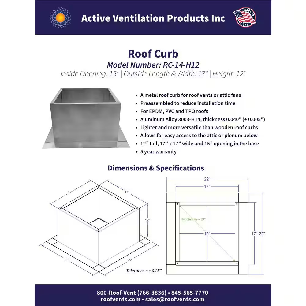 Box Is 17 In. Wide X 17 In. Long X 12 In. High Aluminum Roof Curb