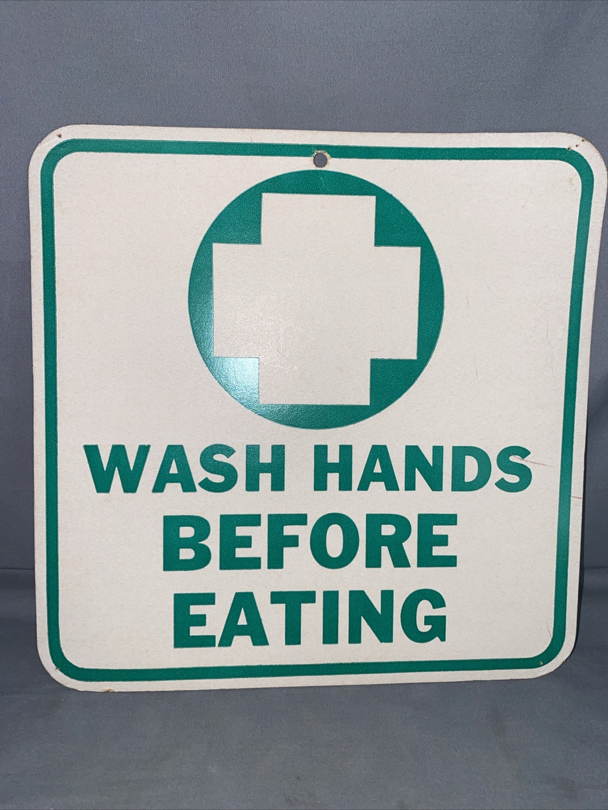 Wash Hands Before Eating Vintage Green & White Sign 10″ Cardboard Material