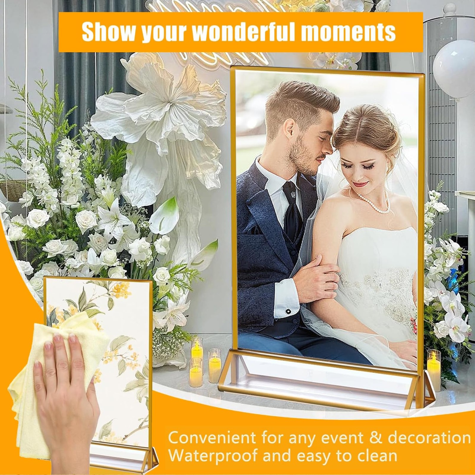 PIEMEET 18 Pack Acrylic Sign Holder with Golden Border, 4 X 6 Clear Gold