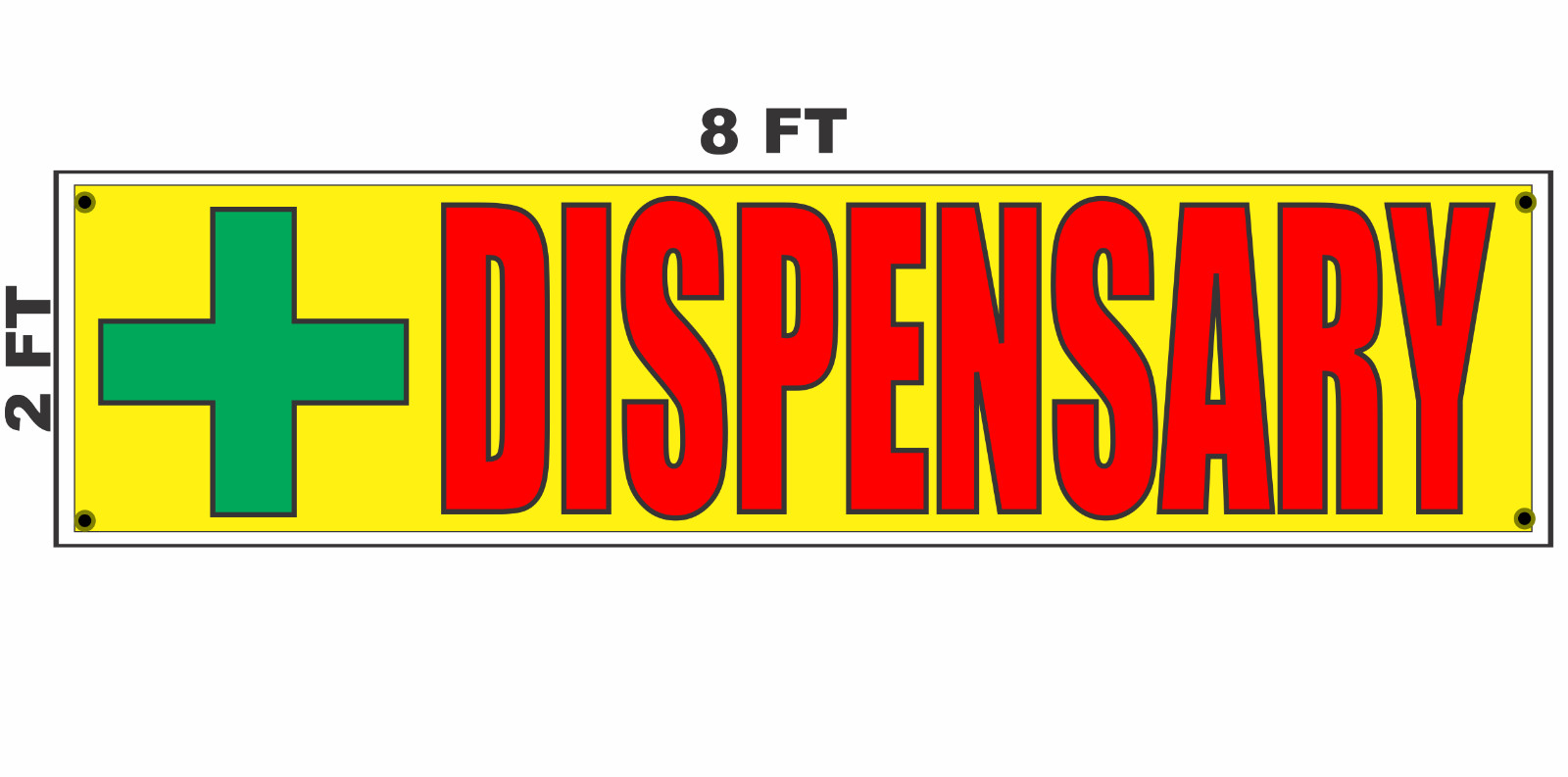 DISPENSARY Red Text Green Cross Yellow Banner Sign 2×8 for Business Shop