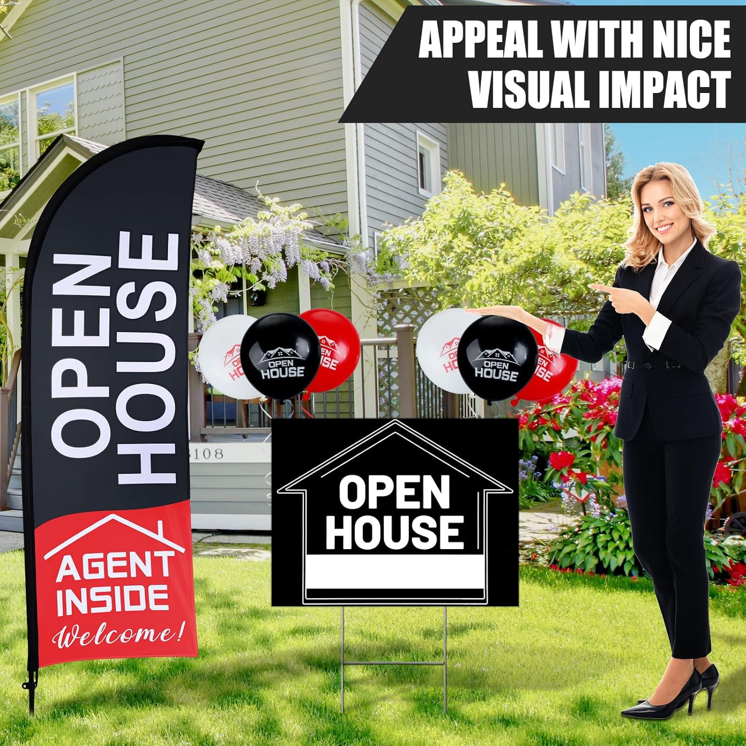 Open House Sign Set – 36 Pcs with Flags, Arrows, Balloons & Stakes