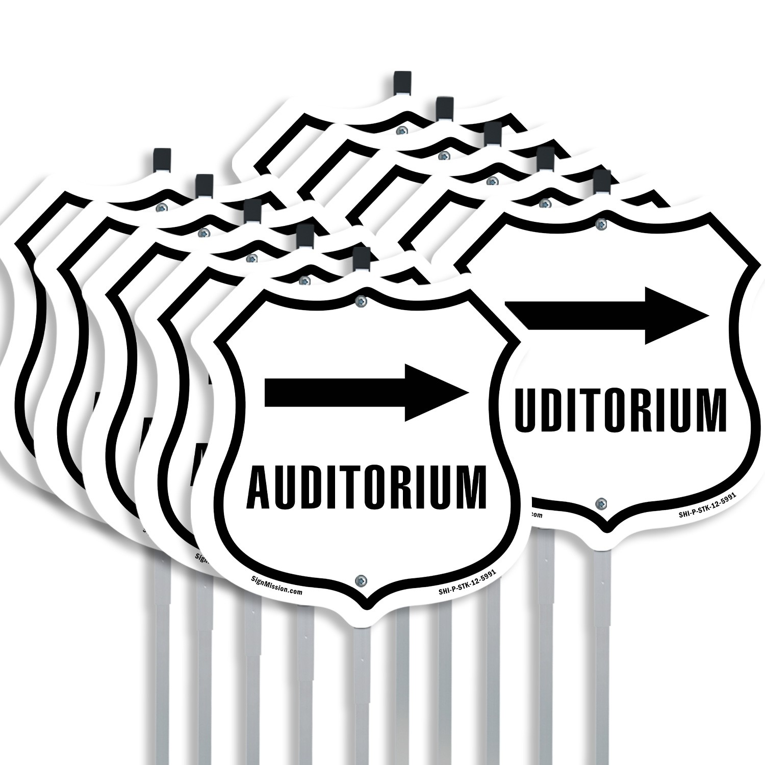 Auditorium Right Shield Shaped Sign With Stake Crafted in the USA