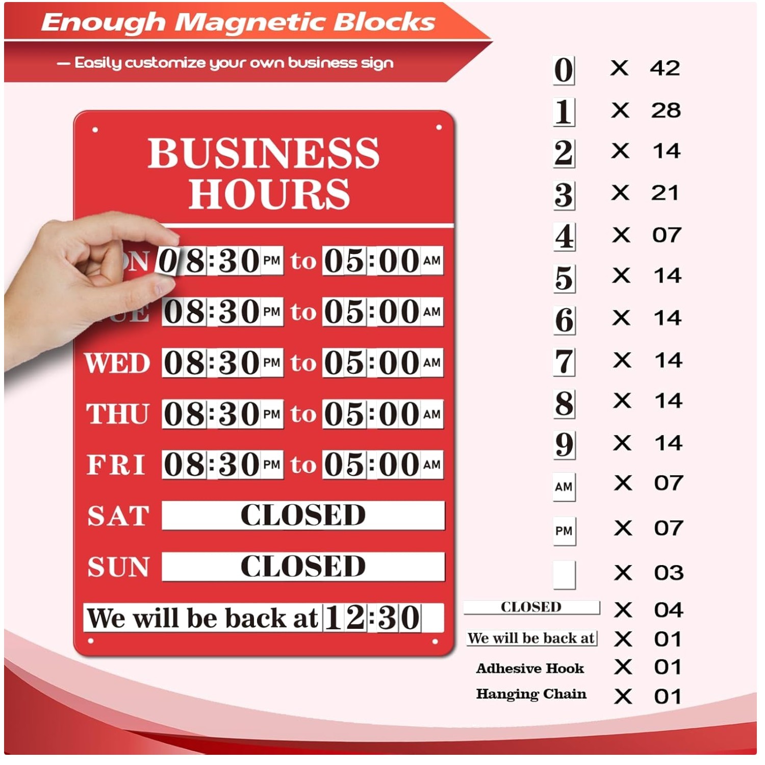 Magnetic Business Hours Sign – Red Metal, Changeable
