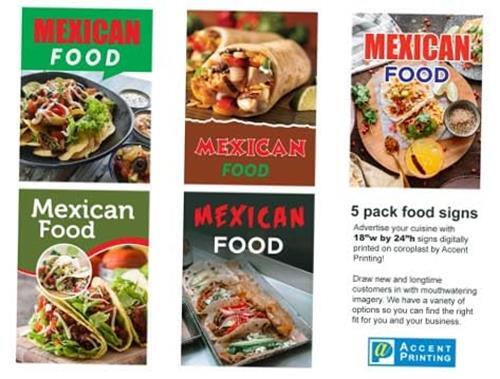 Mexican Food | Retail Window Display Sign | 18″W x 24″H | 5 Pack
