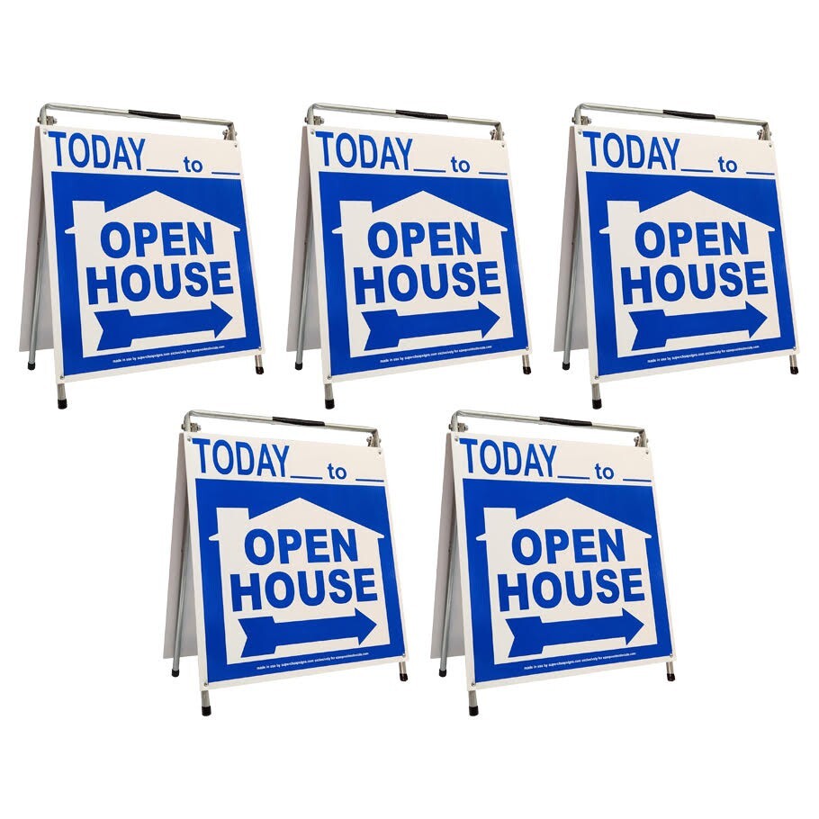 Real Estate Open House Sign Kit Metal A-Frame 5 Pack Blue House w/ Today Times