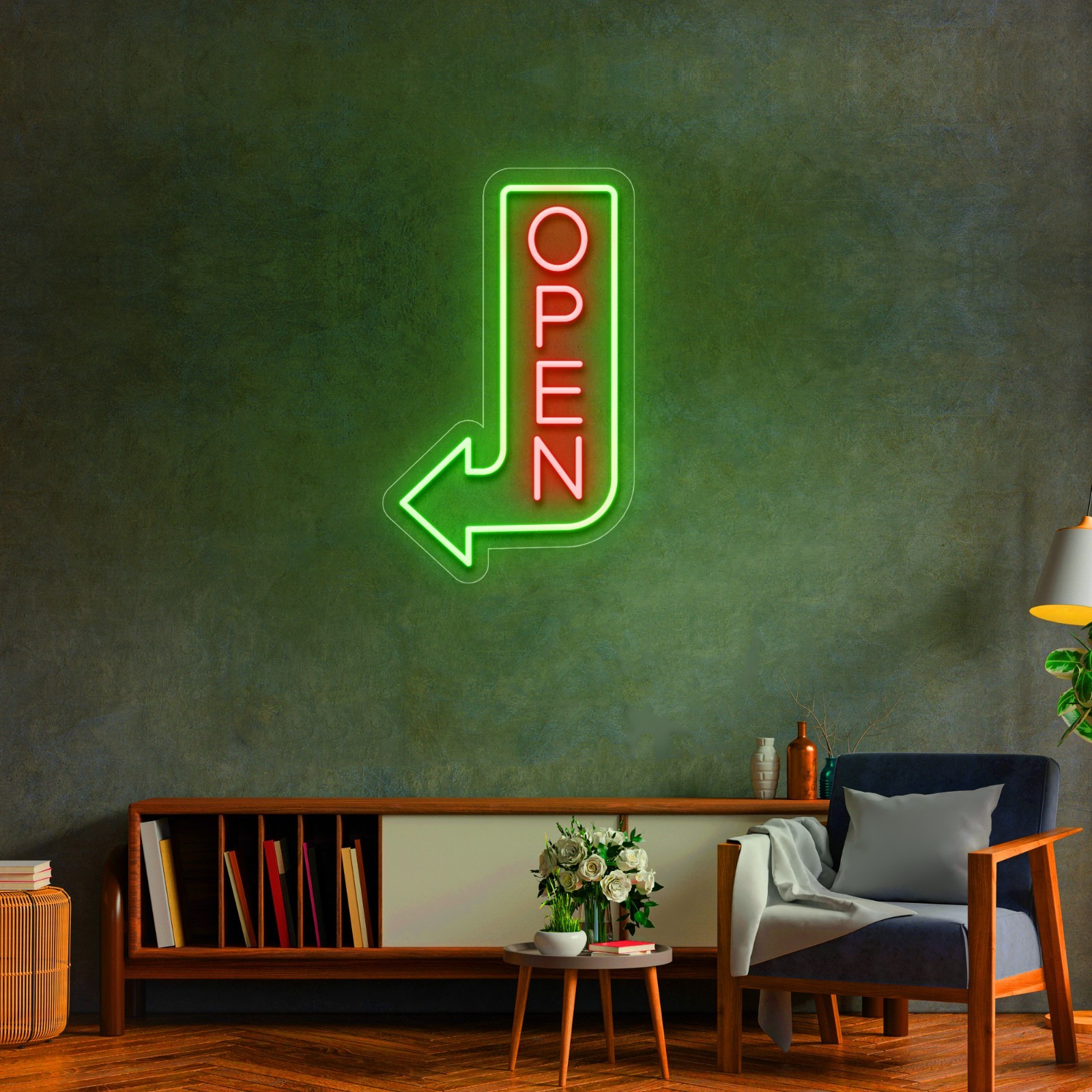 Vertical Open Arrow Sign to the Right, Outside Door Lights Pointing Arrow Sign