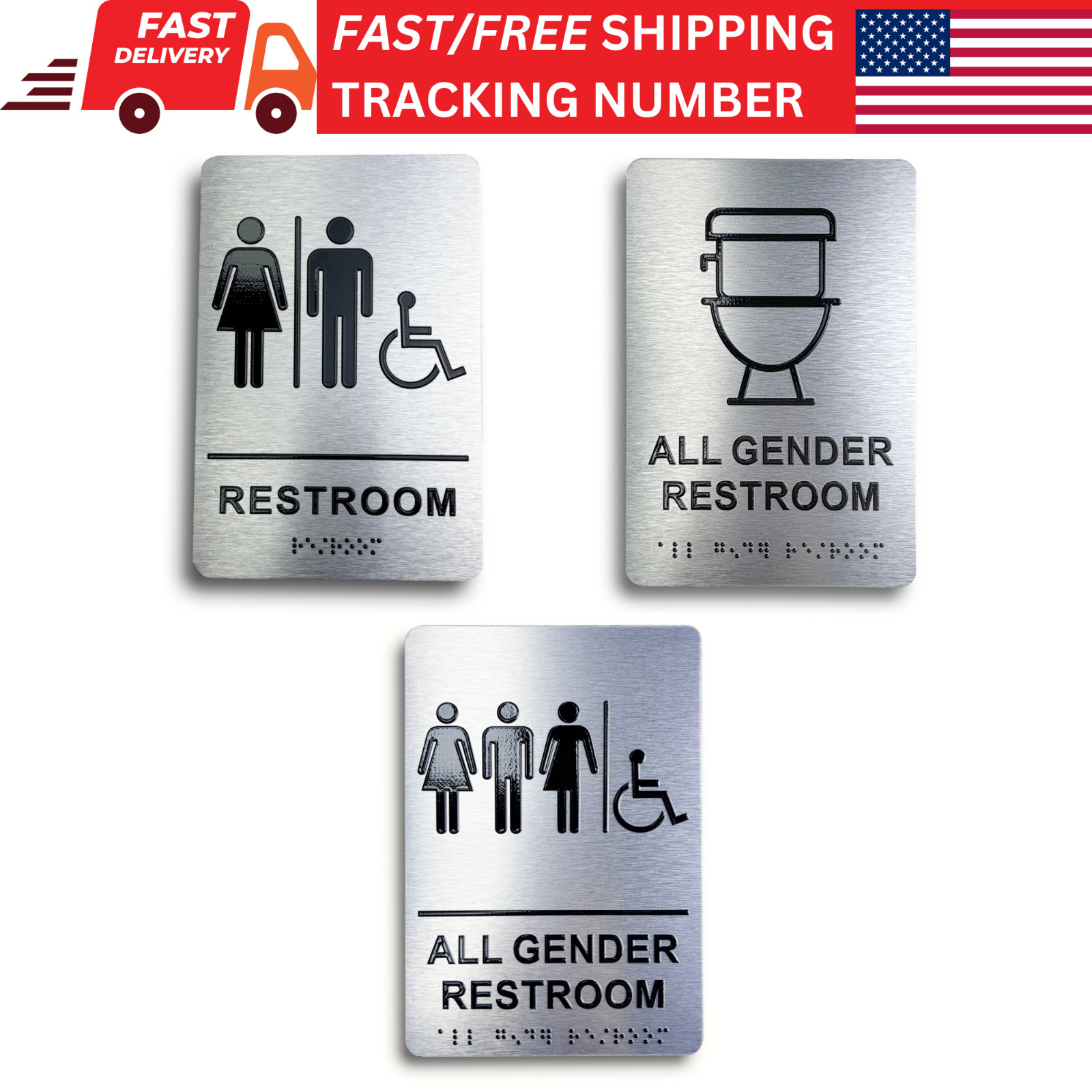 Unisex Restroom Sign with Braille, Aluminum 9 x 6″ ADA Restroom Sign
