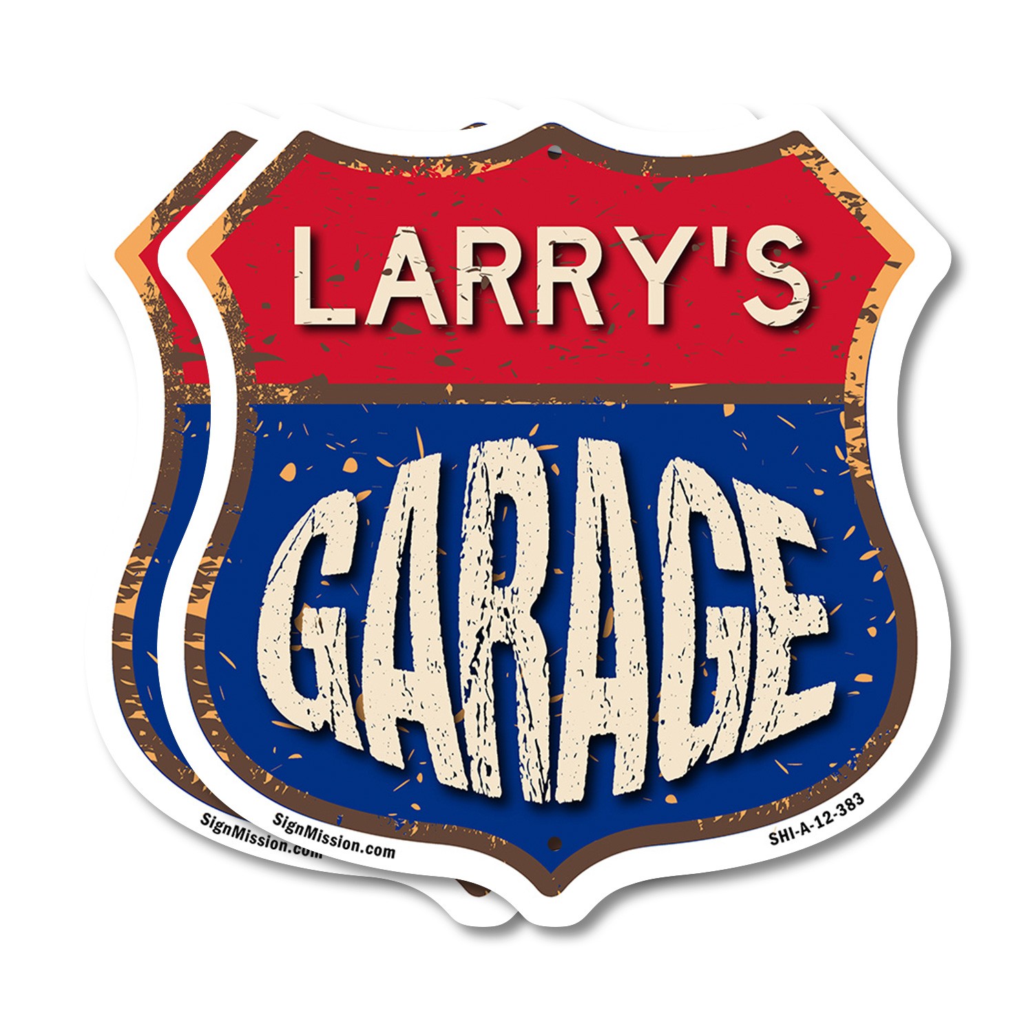 Larry’s Garage Shield Shaped Sign Weather Resistant Crafted in the USA