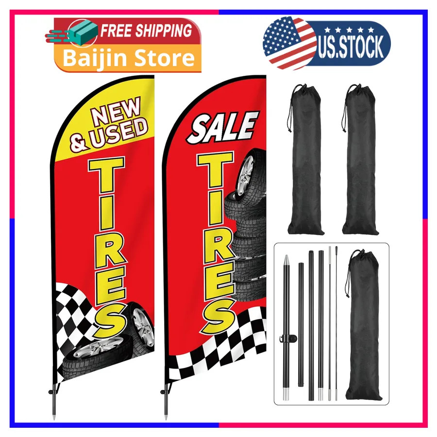 2 Sets Tire Sale Feather Flag 7ft Swooper Banner with Pole and Ground Stake