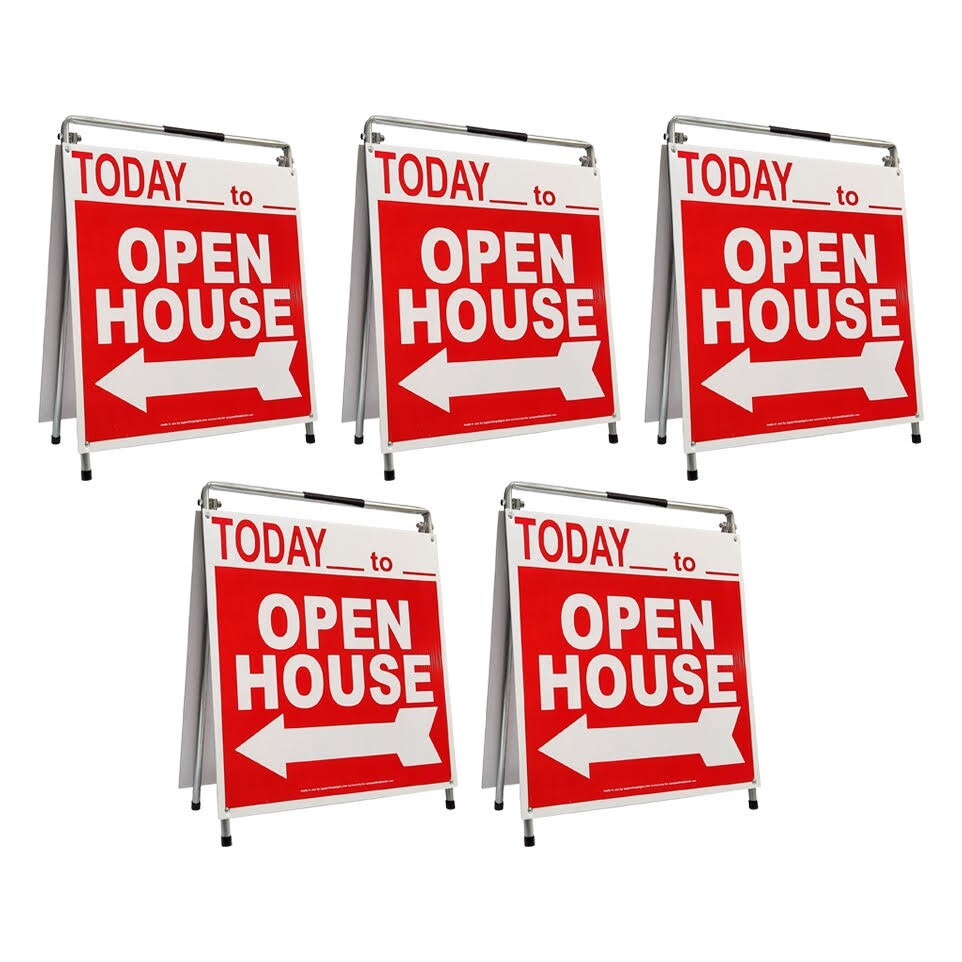 Real Estate Open House Sign Kit Metal A-Frame 5 Pack Red w/ Today Times