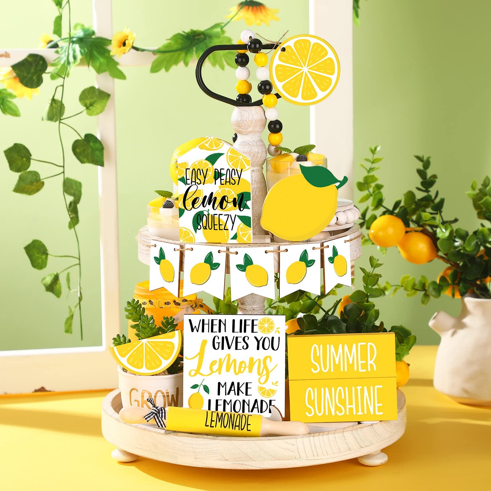 14 Pcs Summer Lemon Tiered Tray Decor Set Summer Table Decoration Lemonade Wo…