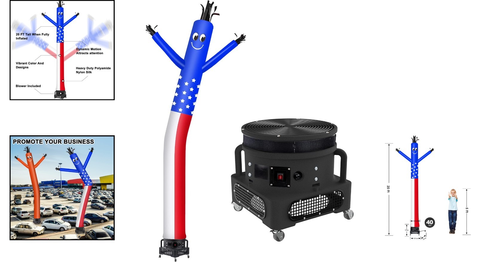 MOUNTO 20Ft Air Inflatable Tube Guy Puppet With 1HP Blower US Flag