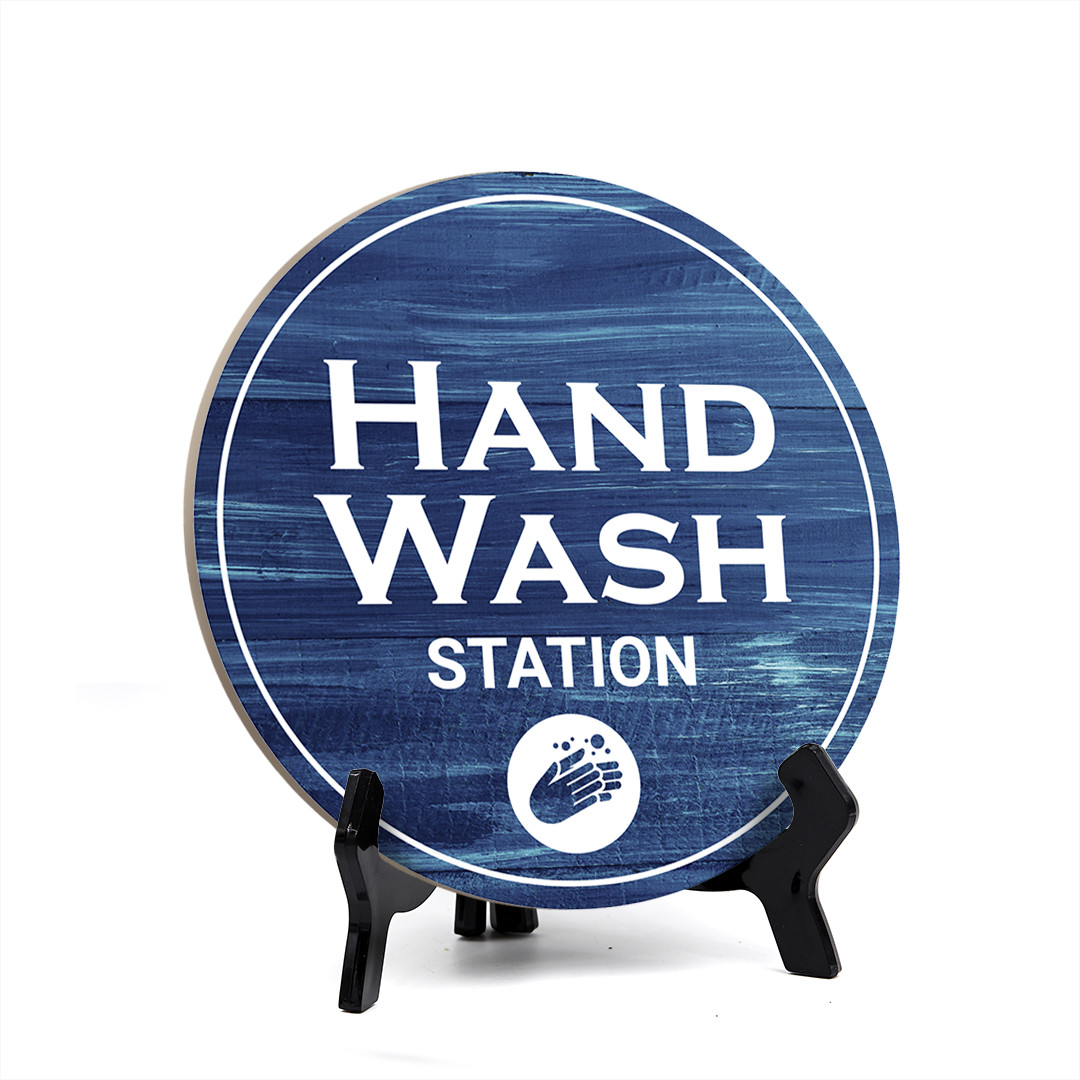 Round Hand Wash Station, Bathroom Table Sign with Acrylic Easel (5 x 5″)