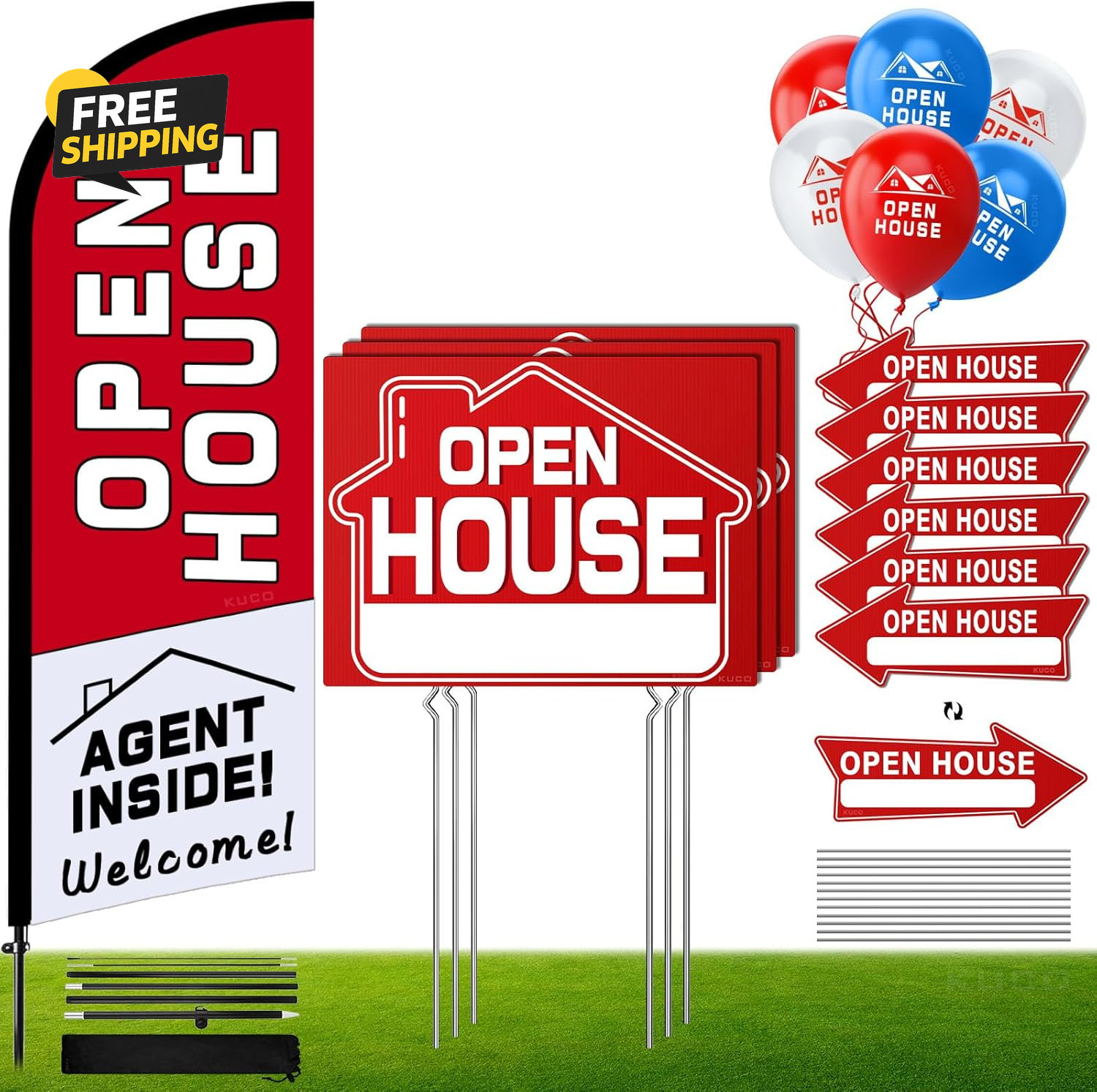 45PCS Open House Signs Kit Flag Arrows Stakes Balloons Real Estate Supplies