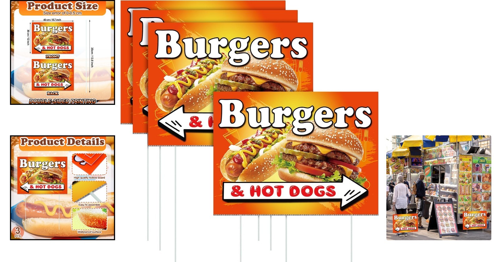 3 Pack Eye-Catching Burgers & Hot Dogs Yard Signs 15.7 x 12 Inches for Outdoors