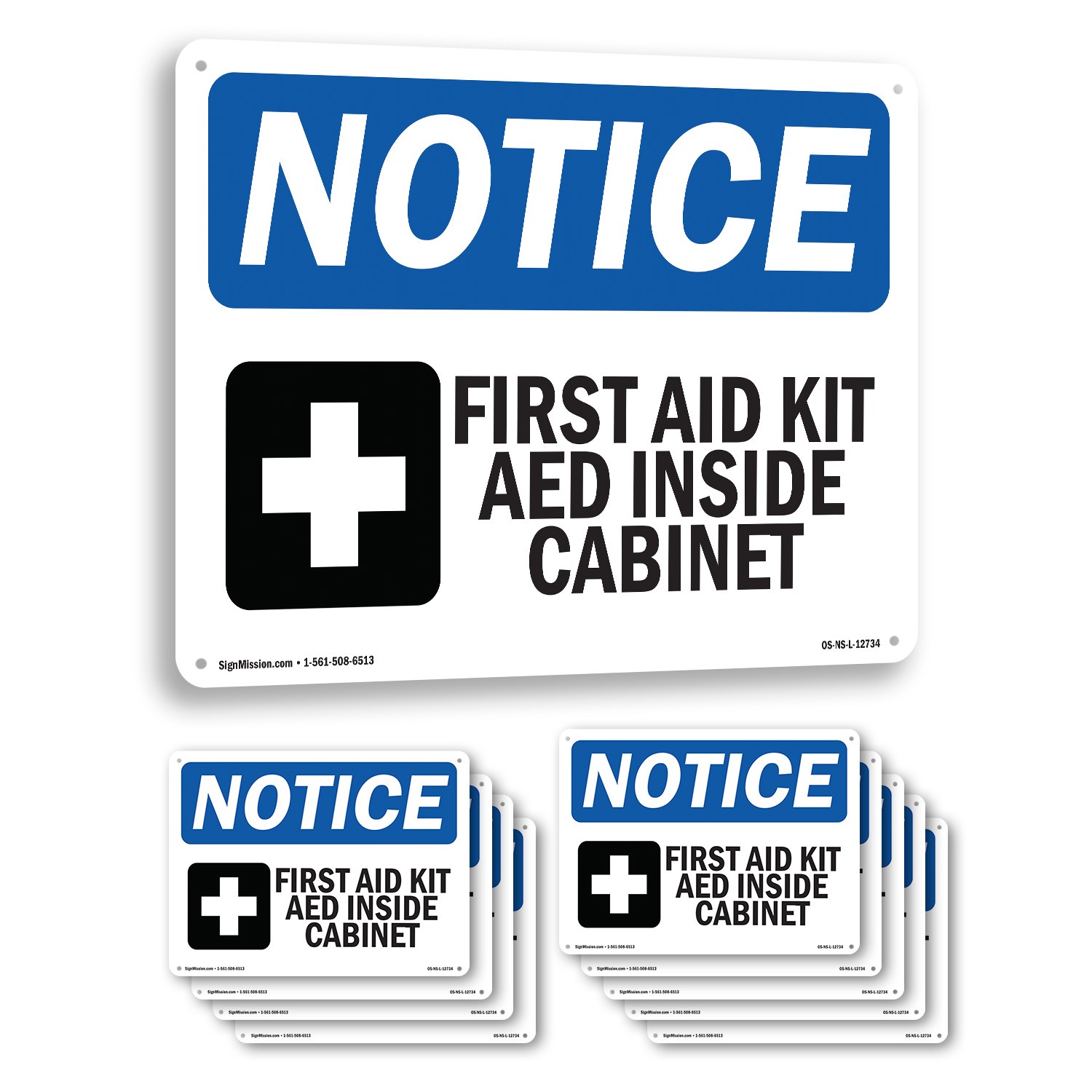 First Aid Kit AED Inside Cabinet OSHA Notice Sign Metal, Decal – 5 or 10 Pack