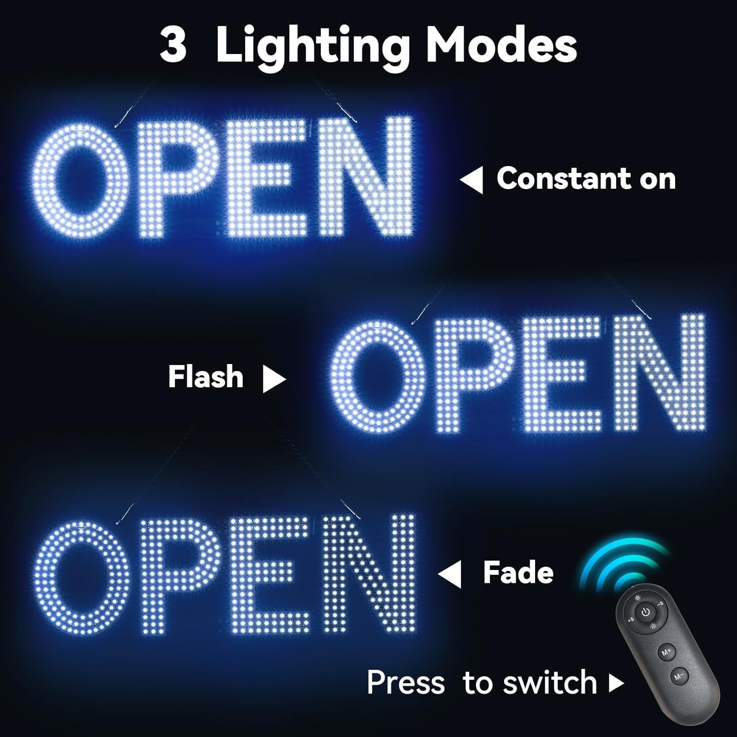 Bright LED Open Sign for Business – 22″x7″, Dimmable, 3 Modes, Adjustable Chain