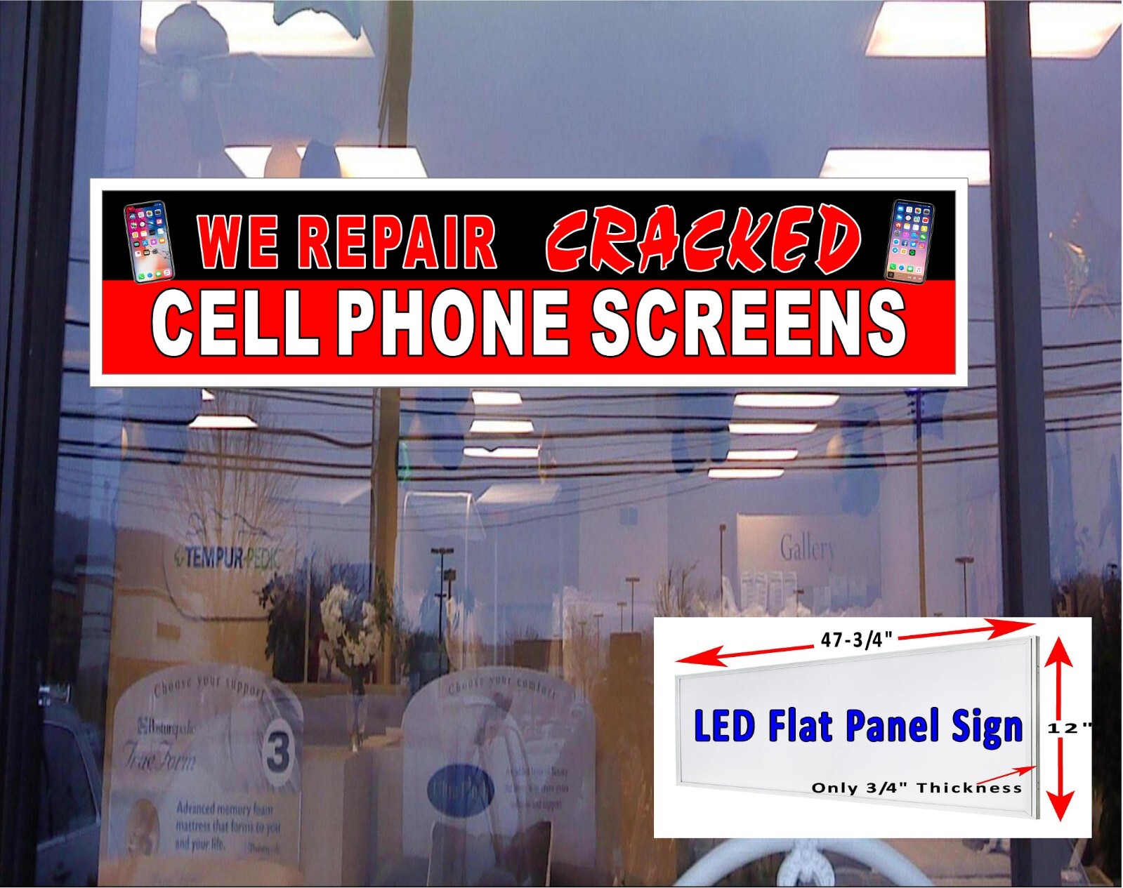 We Repair Cracked Cell Phone Screens LED light box window sign 48″x12″