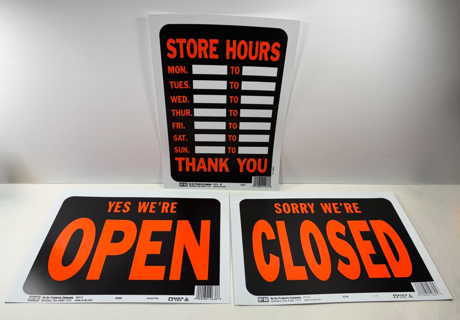 Lot of 15 plastic business signs, open, closed, store hours 8 1/2″ by 12″