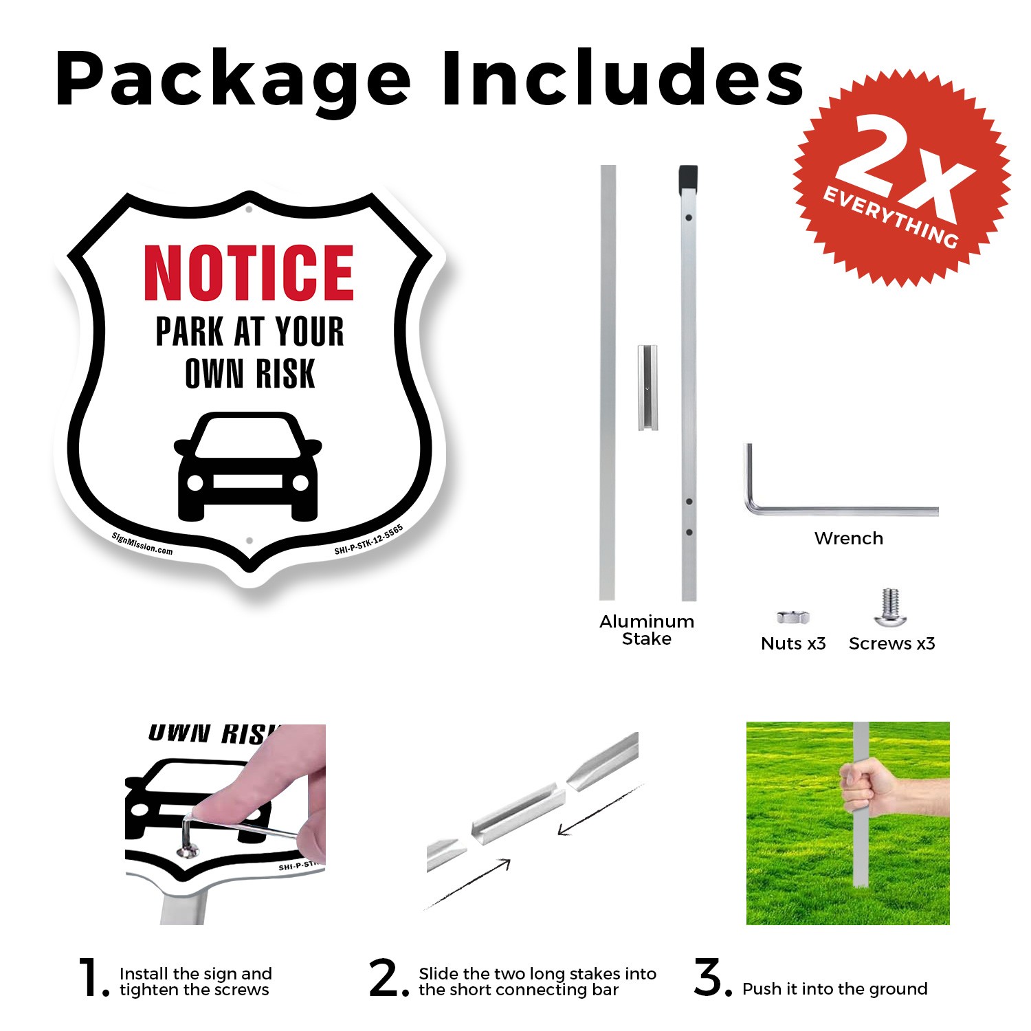 Notice Park at Your Own Risk Shield Shaped Sign With Stake Weather Resistant