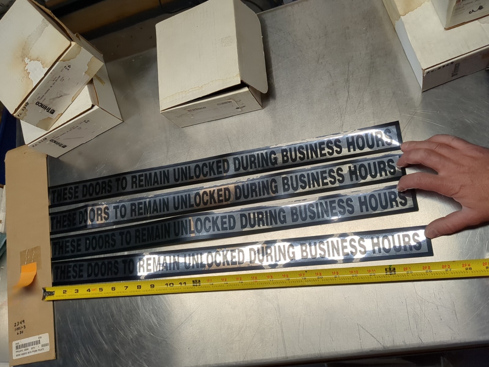 4x Trimco 773 “THESE DOORS TO REMAIN UNLOCKED DURING BUSINESS HOURS” Slvr/Black