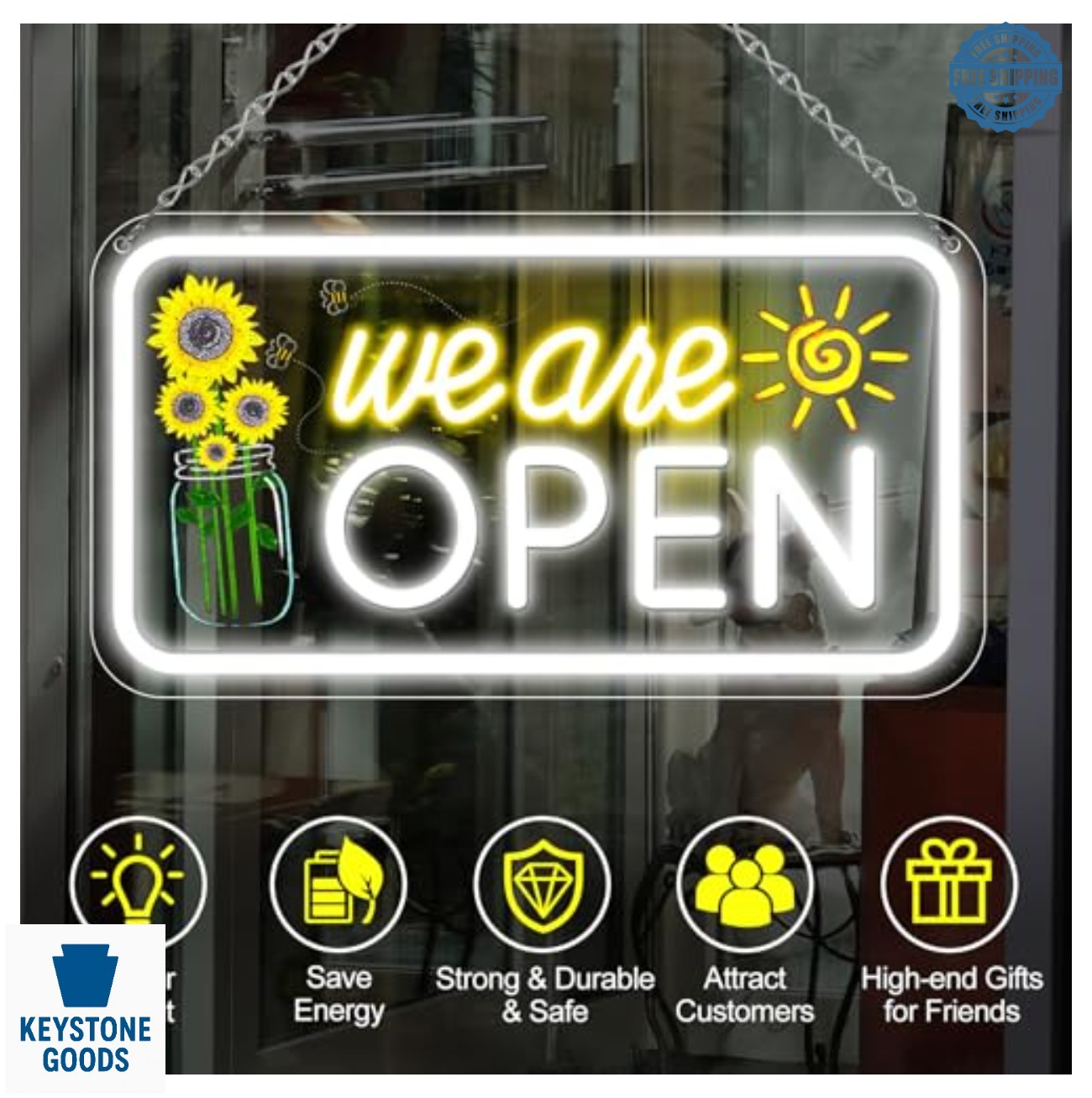 LED Neon Open Sign 16.5 Inch Business Storefront Window Light Flower Sun Design