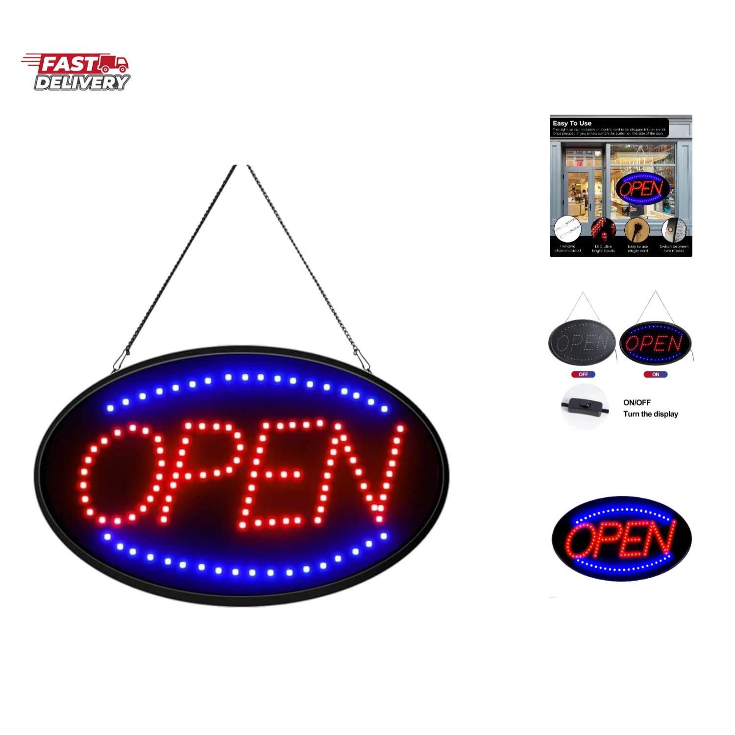 Jumbo 24″ x 13″ LED Neon Sign with Motion – “Open” Red/Blue