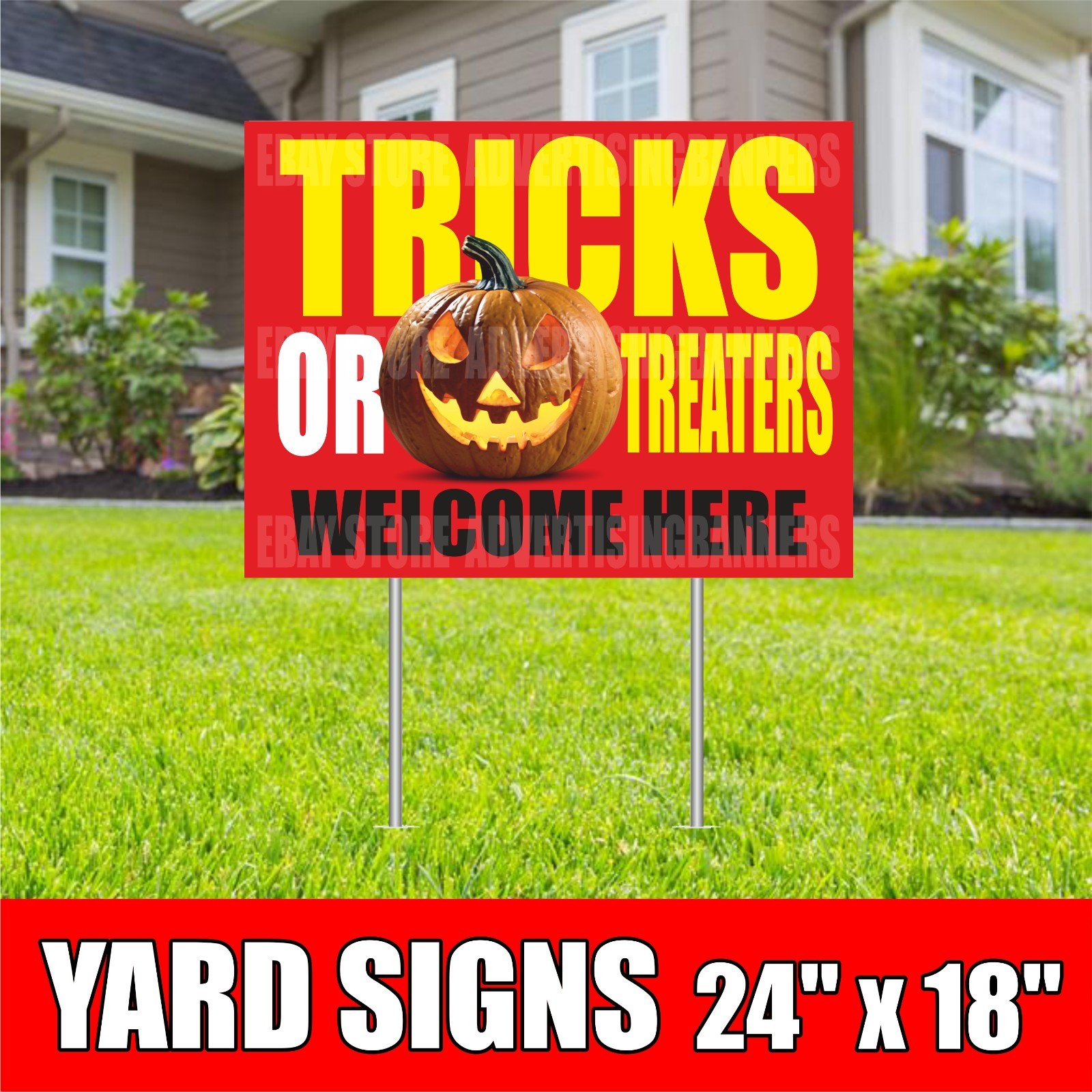 TRICK OR TREATERS WELCOME HERE Yard Sign with H-Stakes Pumpkins Halloween Decor