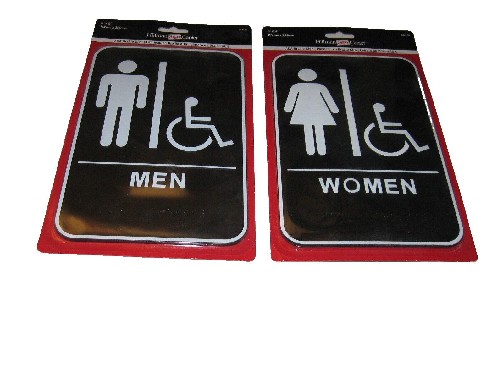 2 Signs Women/Men Handicapped Restroom Sign with Braille 6″ X 9″ Hillman NEW