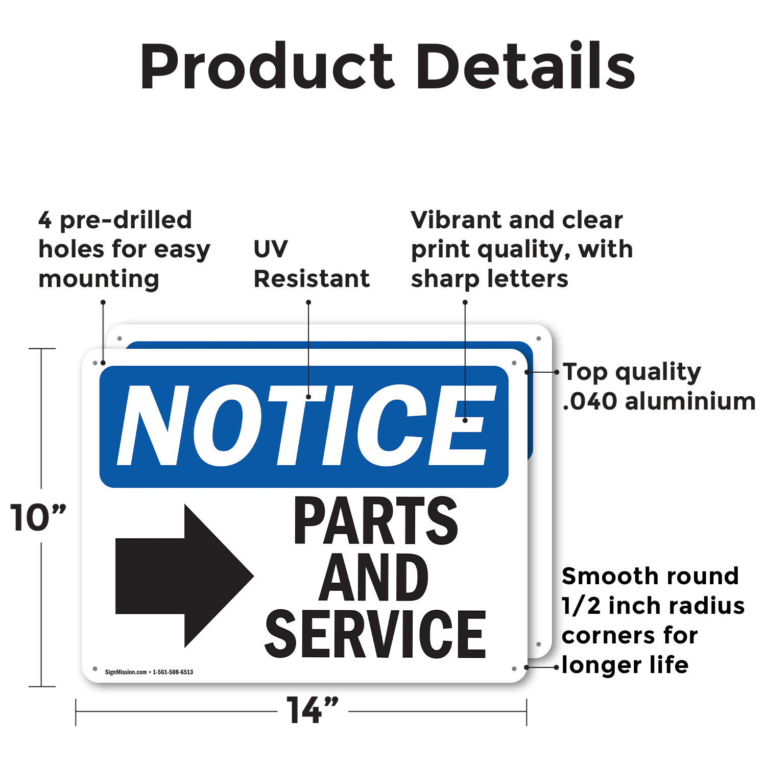 (2 Pack) Parts And Service [Right Arrow] OSHA Notice Sign Decal Metal Plastic