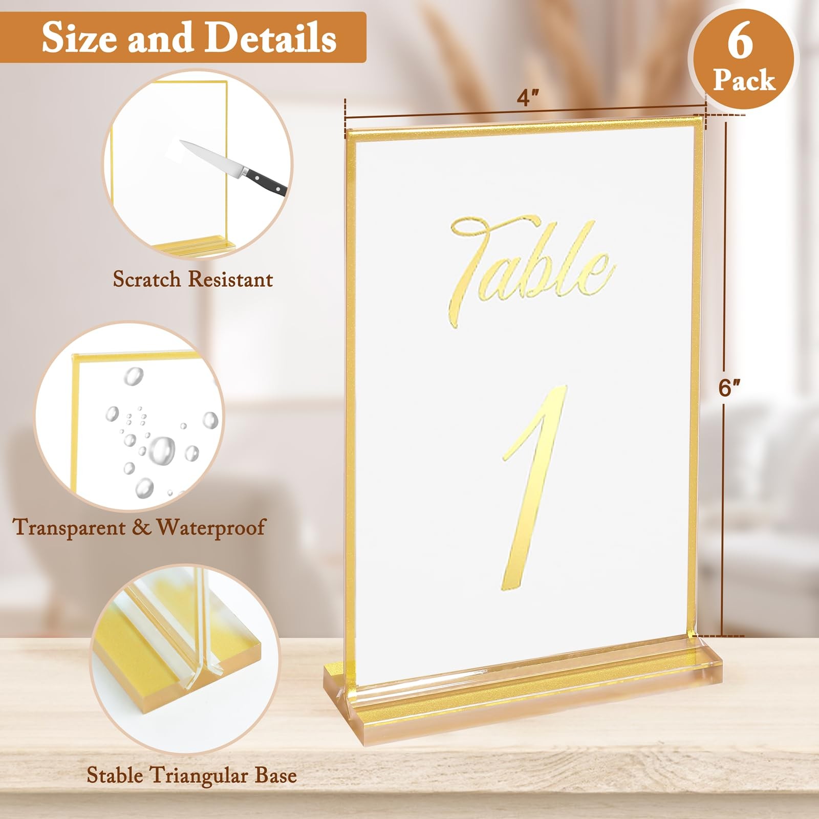 6 Pack 4×6 Inch Clear Acrylic Sign Holders, Double-Sided Gold Display Stand P…