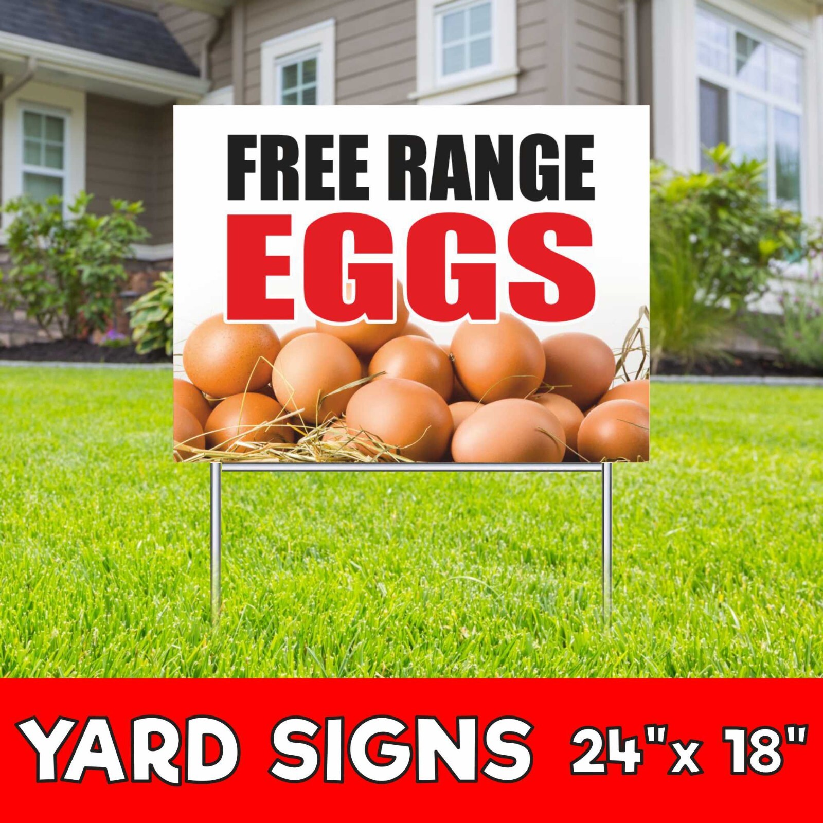 FREE RANGE EGGS Yard Sign Corrugate Plastic with H-Stakes Chickens Farmers Fresh
