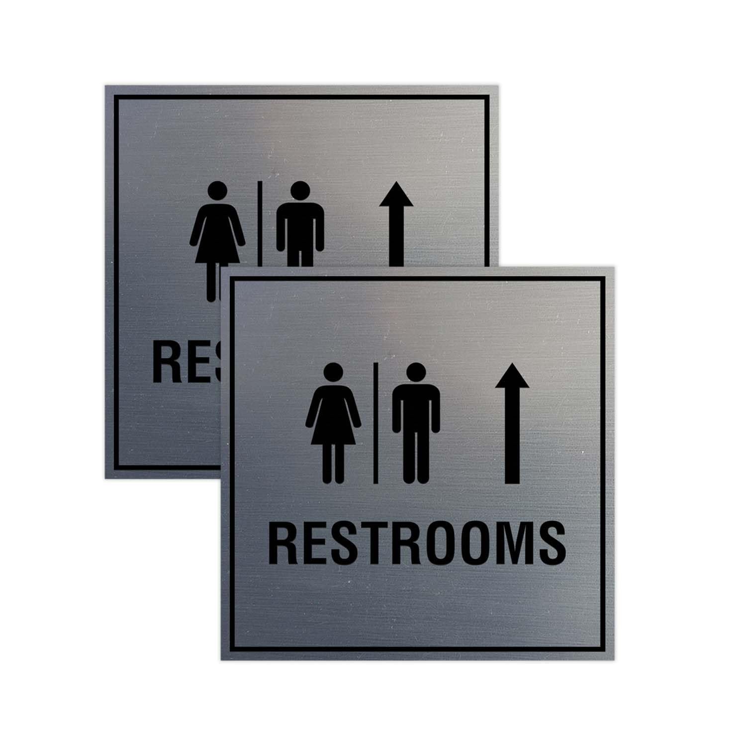 Square Restrooms Up Arrow Sign Brushed Silver Large 2 Pack Door Signage