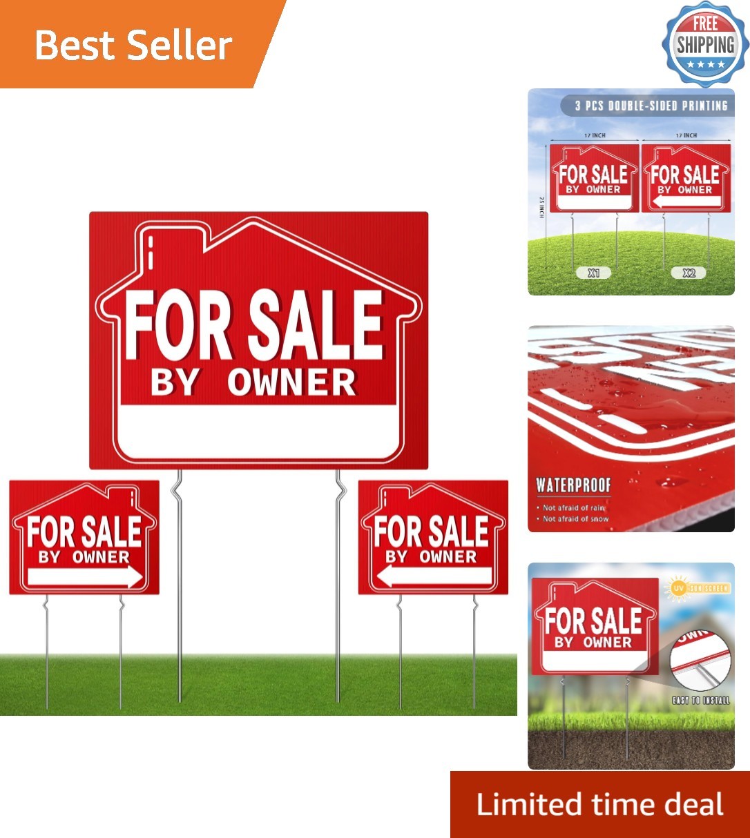 18×14 Double-Sided For Sale By Owner Signs – 3 Pack with Metal Stakes