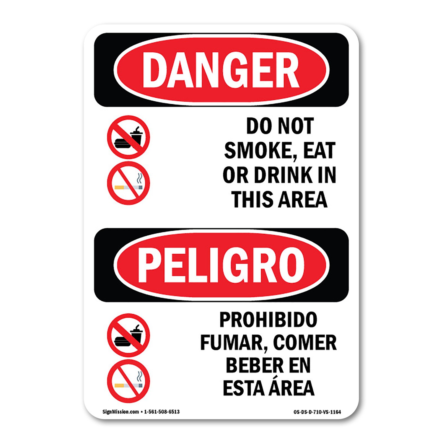 Do Not Smoke Eat Drink In Area Bilingual ANSI Danger Sign Metal Plastic Decal