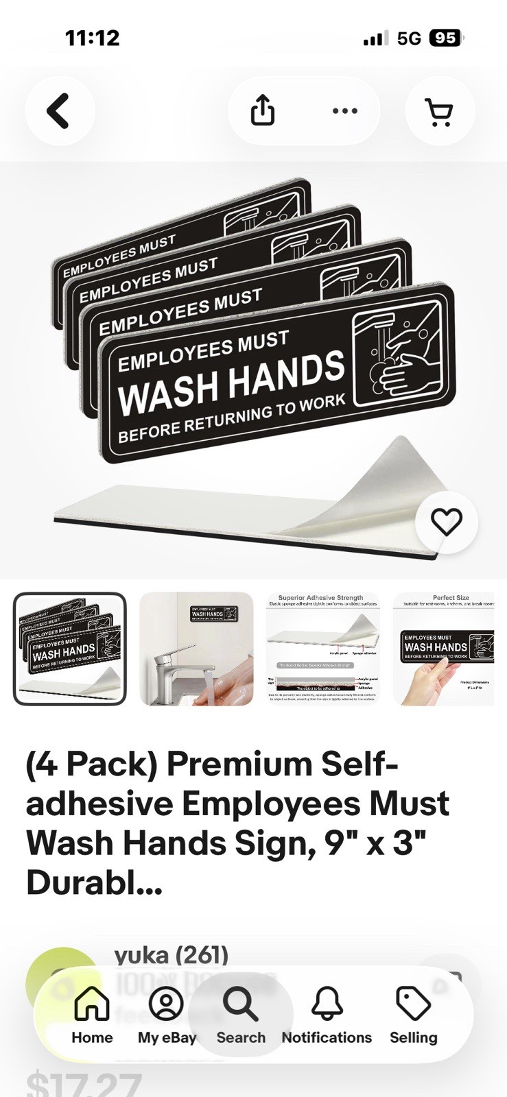 (4 Pack) Employees Must Wash Hands Sign, 9″ x 3″ Self Adhesive