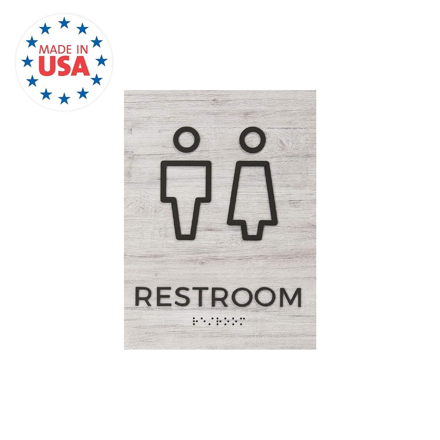 Men Women ADA Restroom Sign Non Wheelchair Braille Unisex Silver Woodgrain