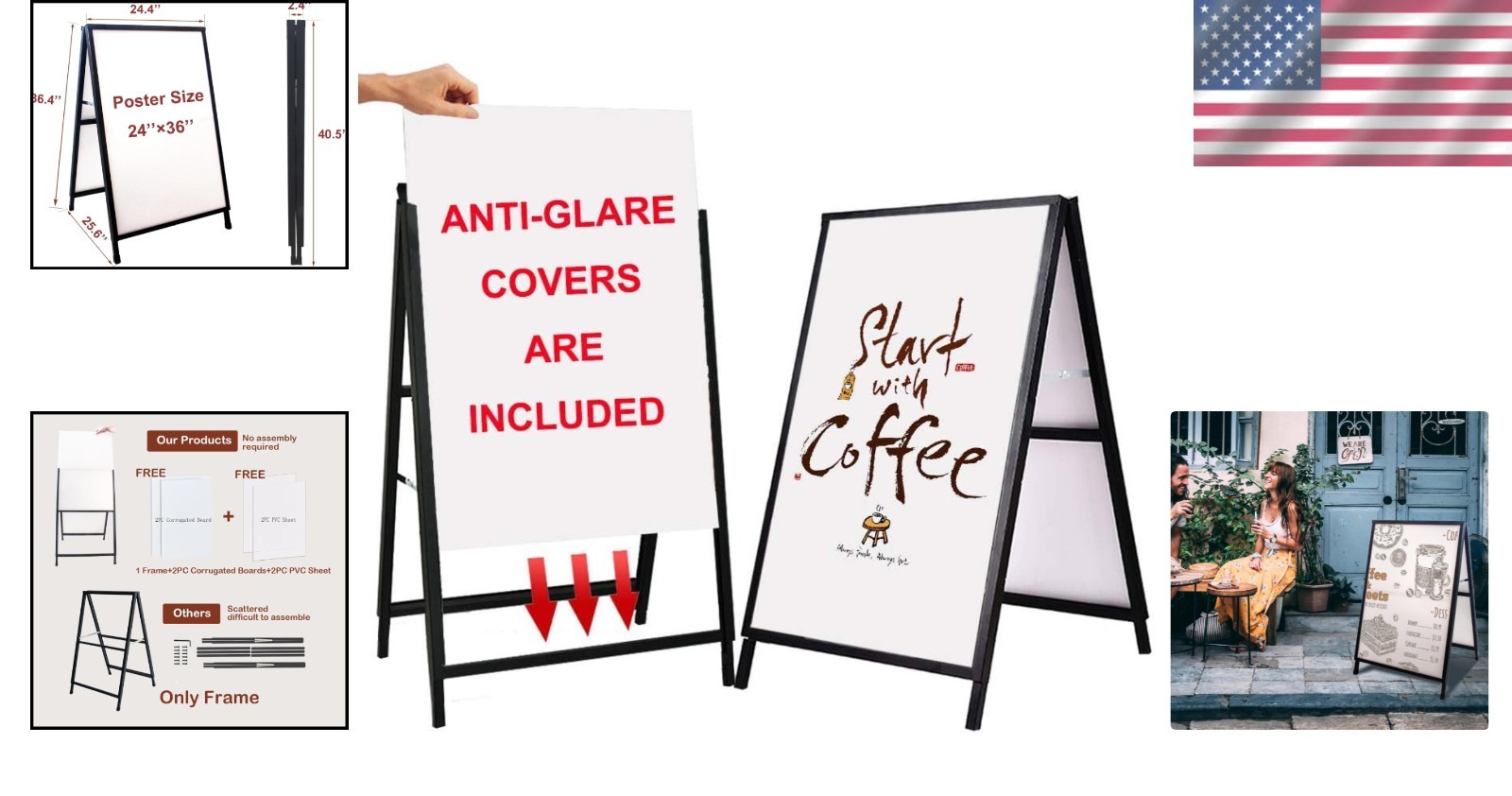 Outdoor Black Sandwich Board Sign 24×36″ with Anti-Glare Protection & Iron Frame