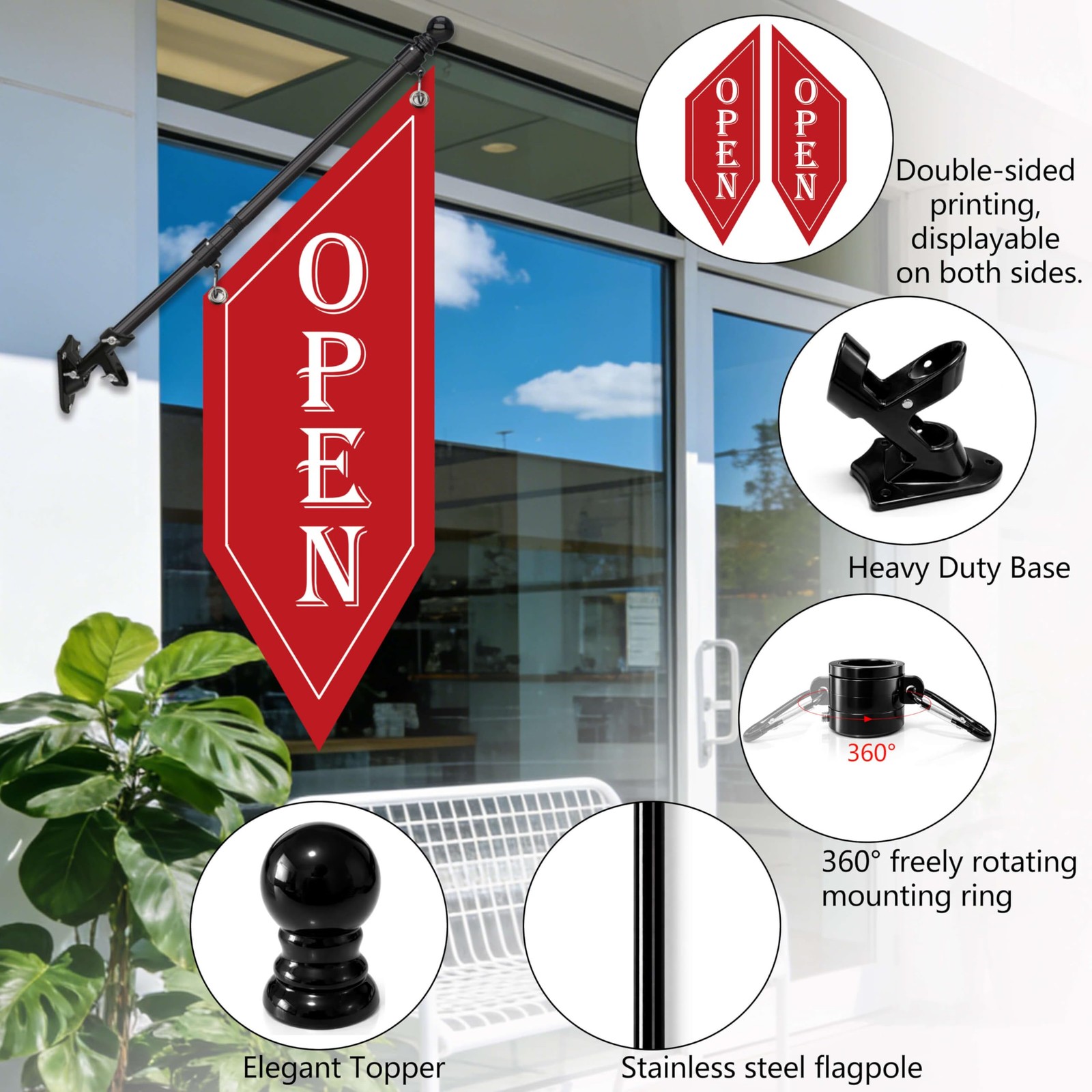 HANVIDA OPEN Flag with Pole Kit – Red
