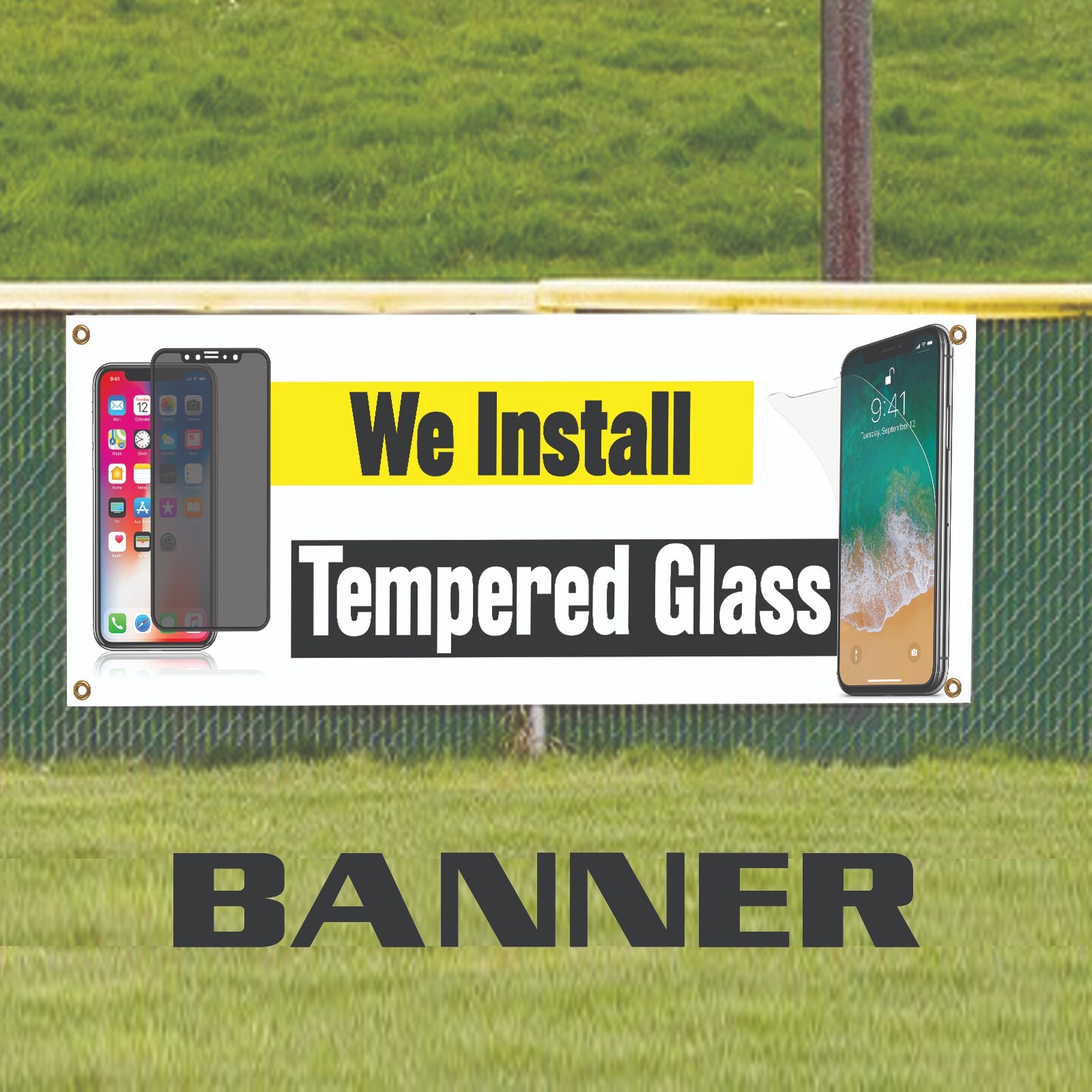 We Install Tempered Glass Mobiles Advertising Vinyl Banner With Metal Grommets