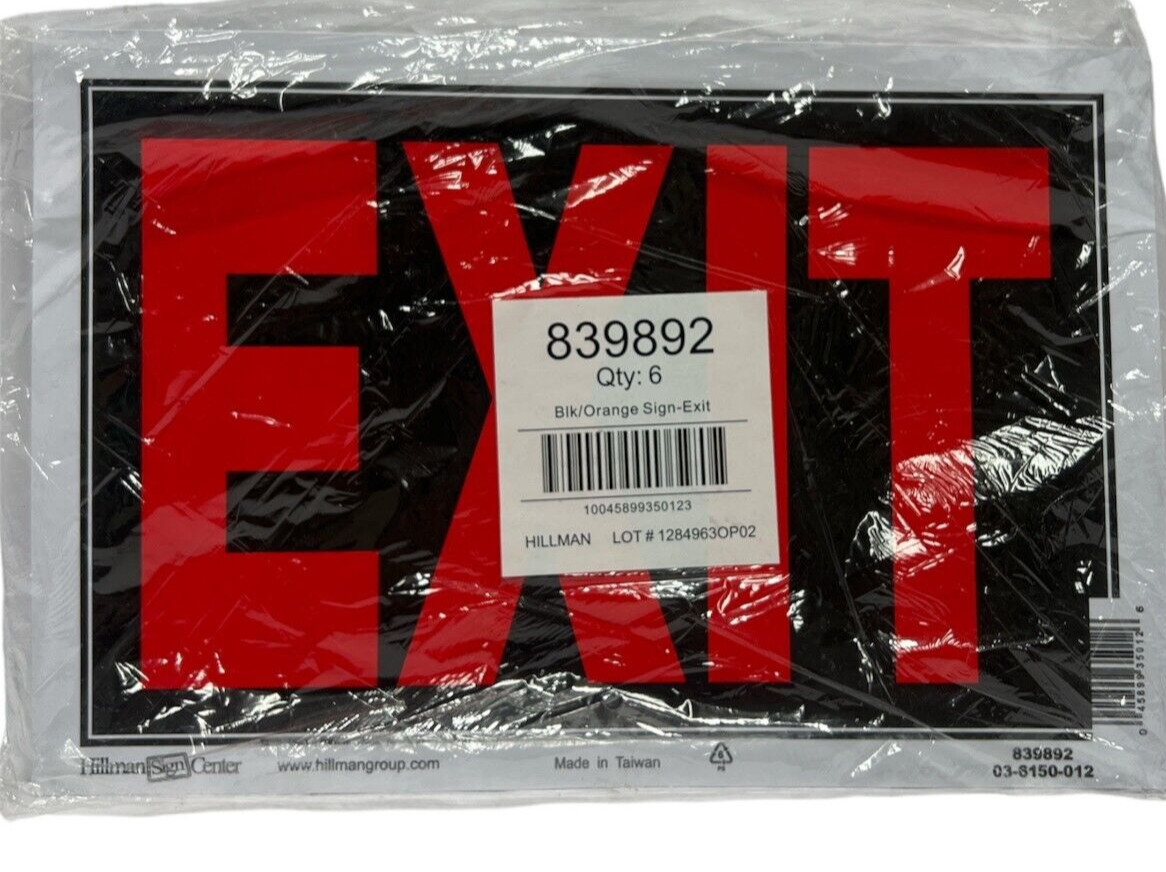 HILLMAN 839892 EXIT SIGN BLACK & RED PLASTIC 8X12 INCHES (QTY: 6)