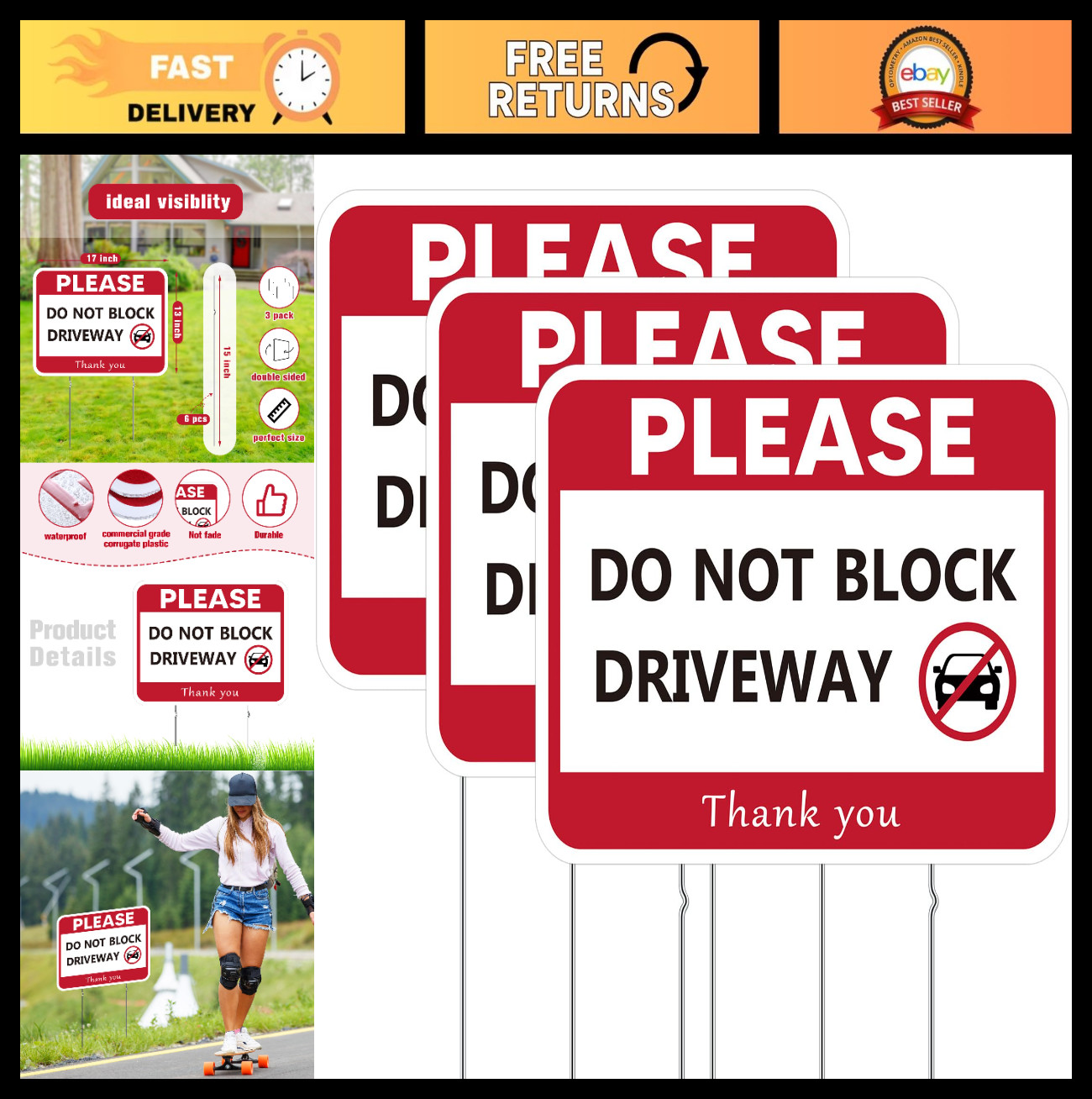 3 Pcs No Parking Sign 17×13” – Do Not Block Driveway, Weatherproof, Double-Side
